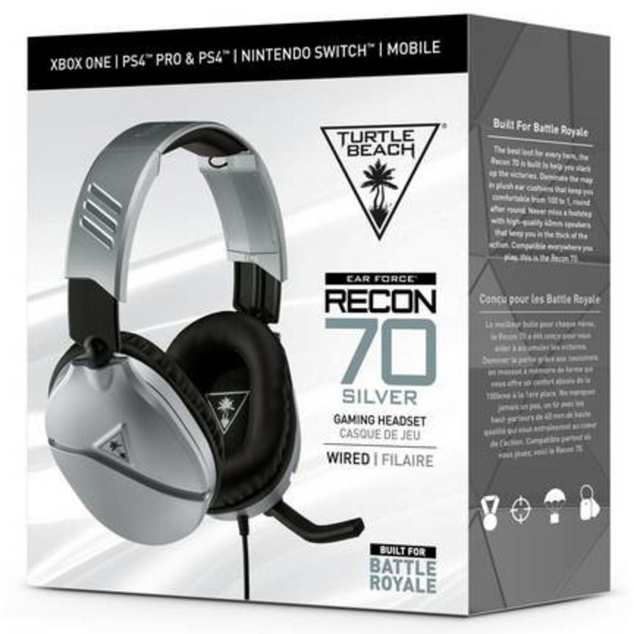 Srebrne słuchawki gamingowe Turtle Beach Recon 70 na białym pudełku z tekstem.