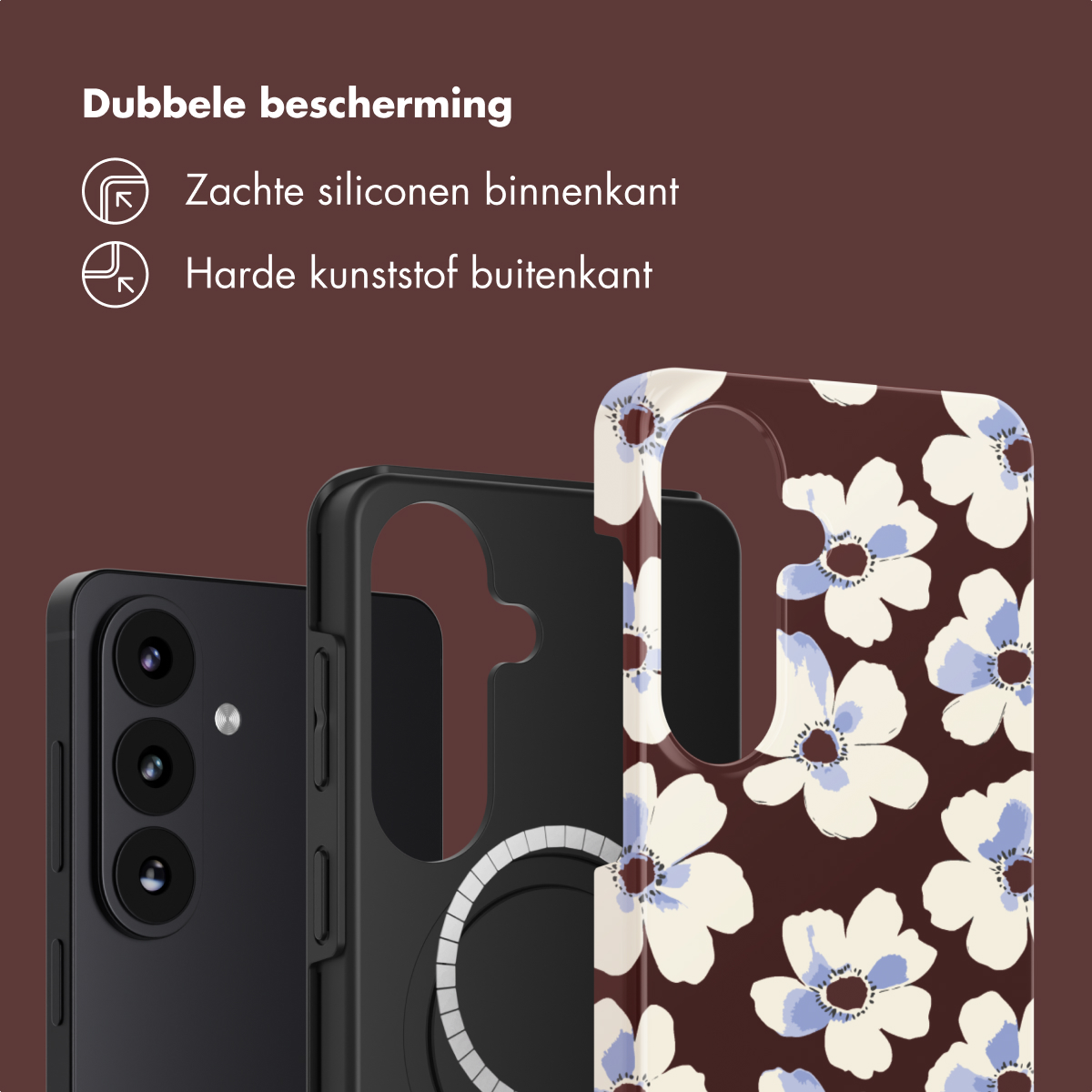 Zwarte telefoon met bloemenhoes. Zachte siliconen binnenkant.