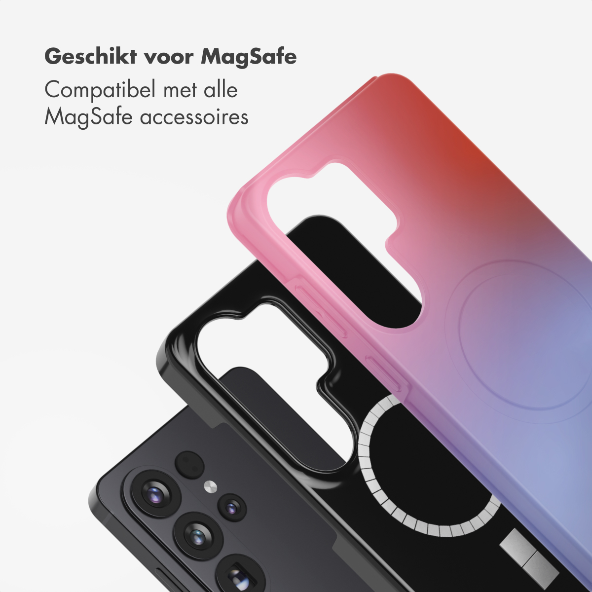 Un smartphone noir avec trois caméras et deux coques.
