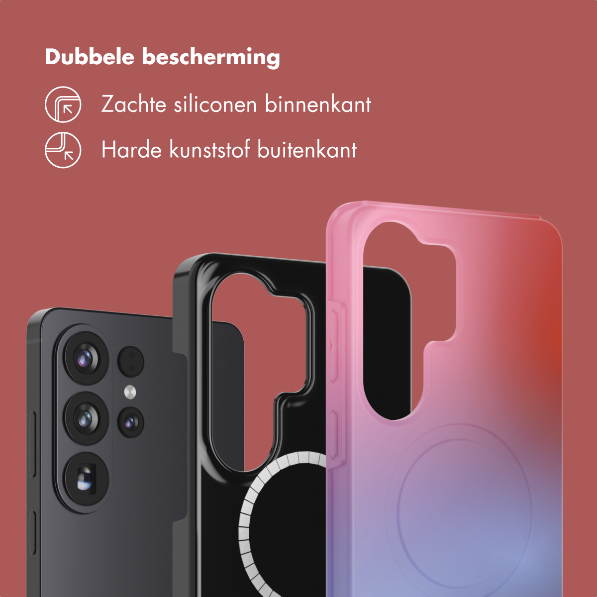 Trois coques de téléphone : noires, noire avec anneau, dégradé rose-bleu.