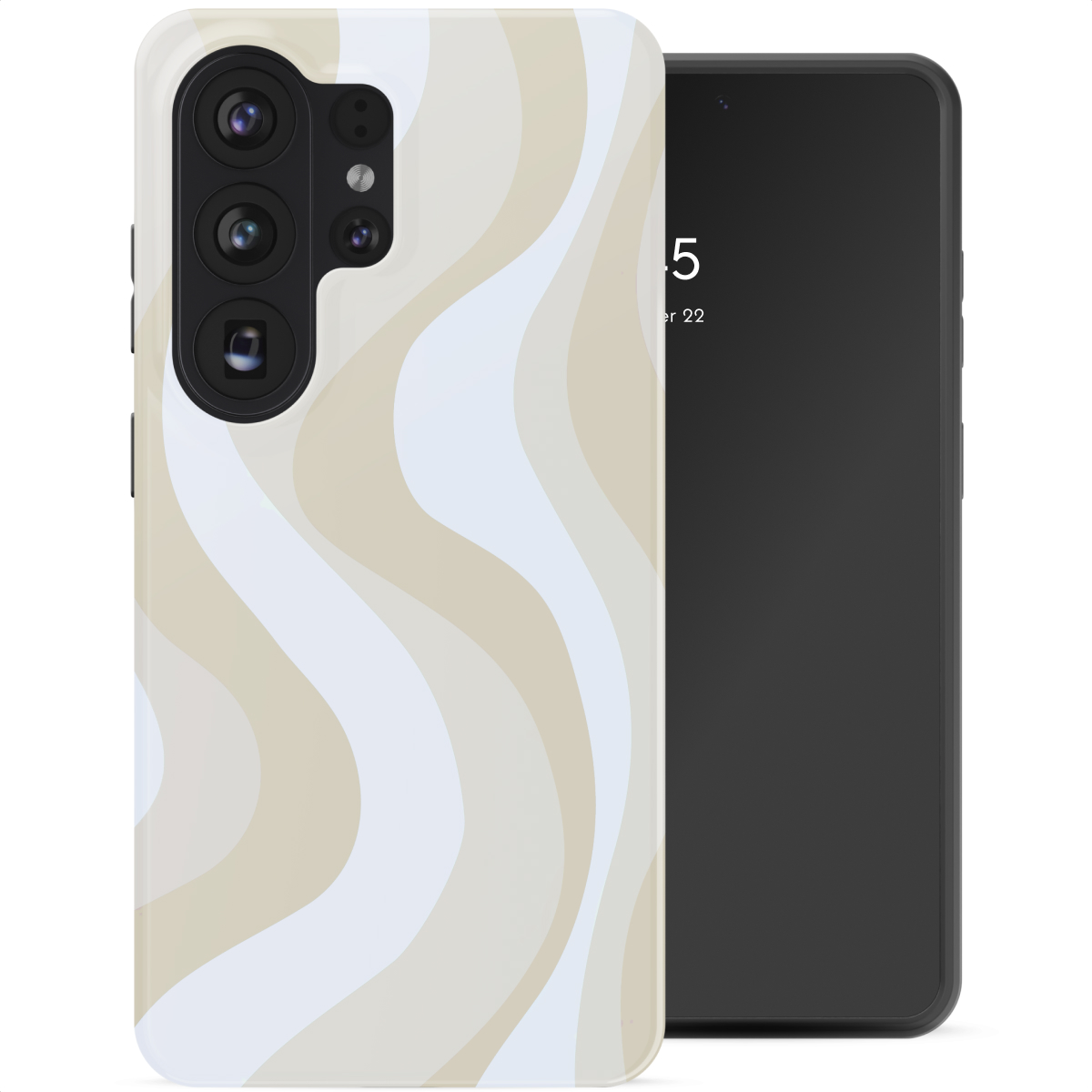 Coque de téléphone à motif ondulé beige et blanc à côté d'un smartphone.
