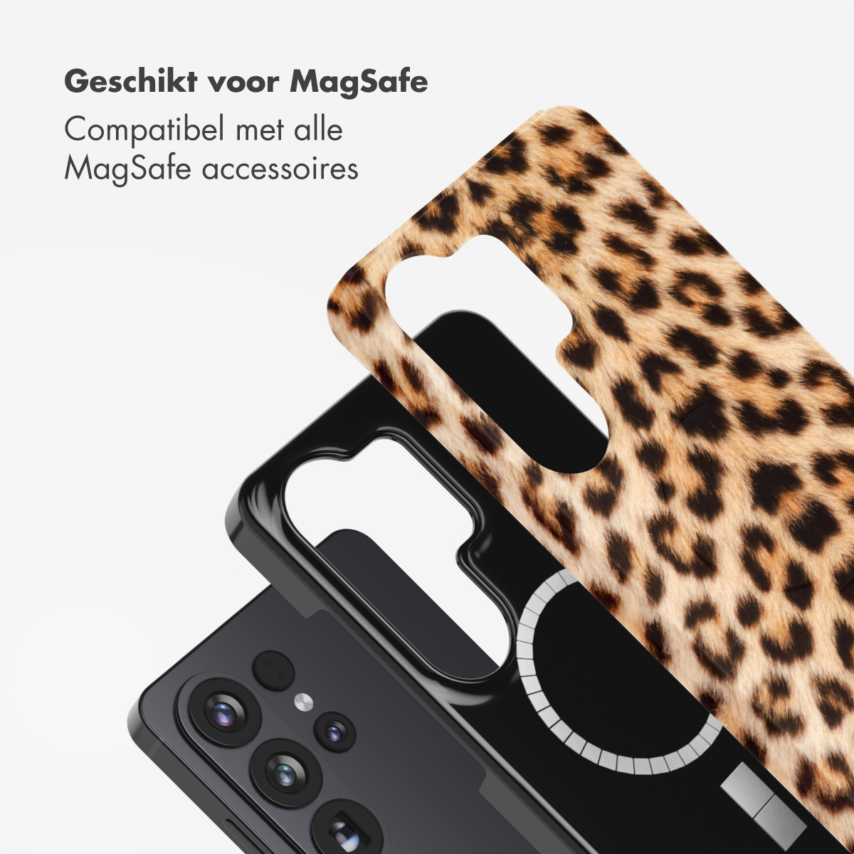 Coque de téléphone léopard sur téléphone noir avec anneau MagSafe.