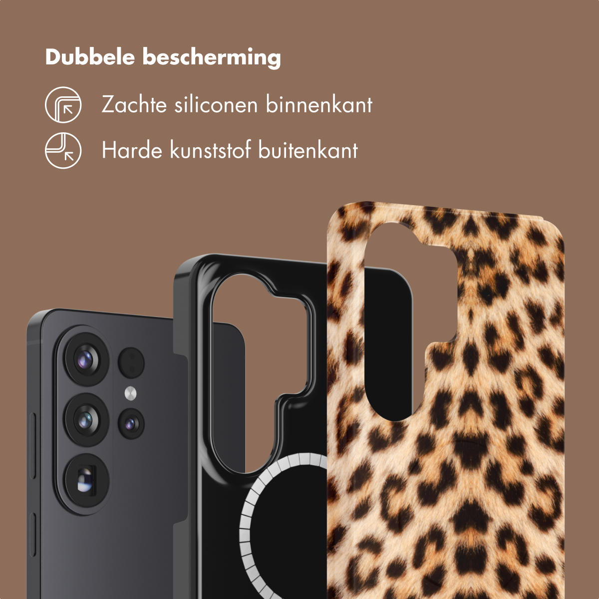 Un smartphone avec une coque léopard. Double protection.