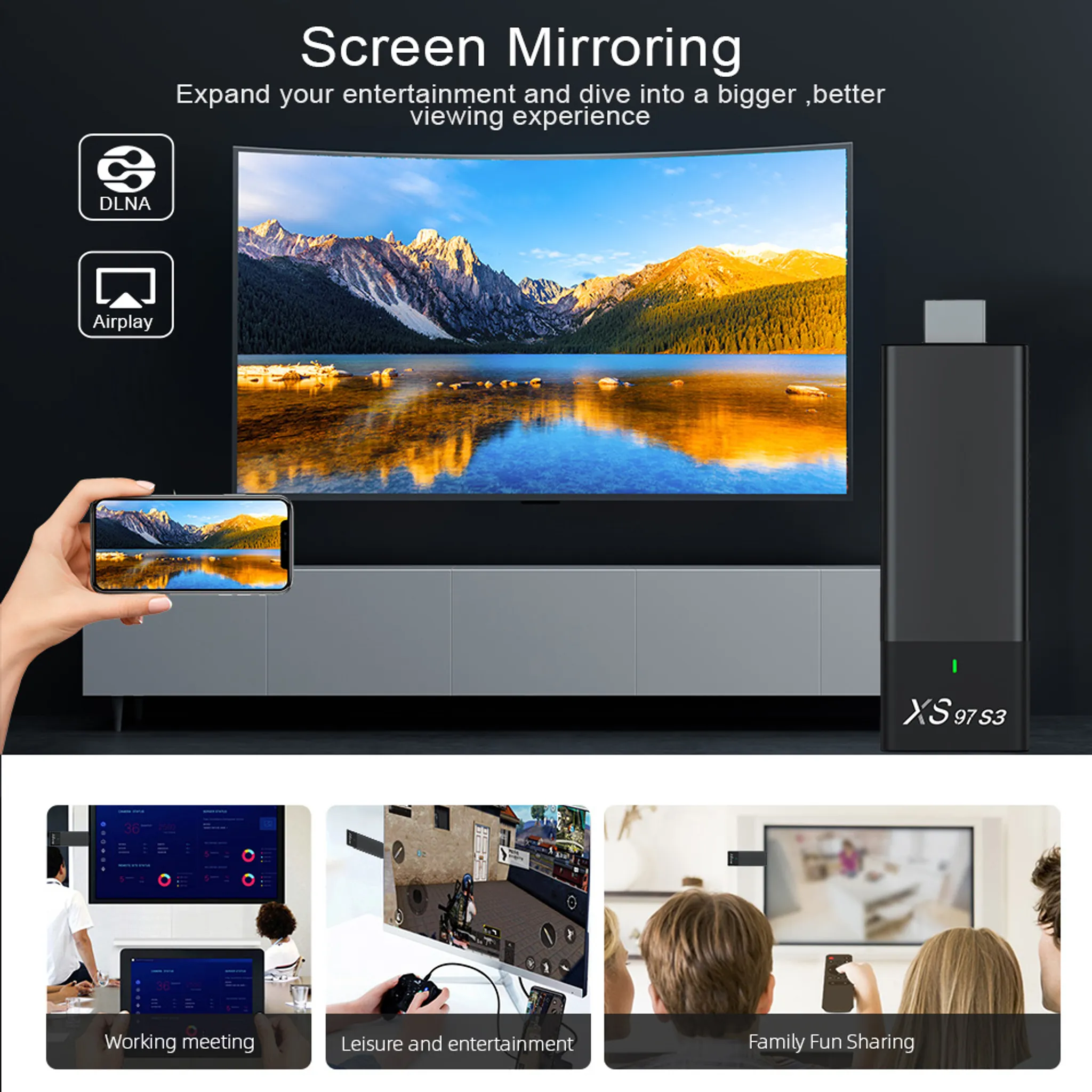Bildschirmspiegelung: Handy-Inhalt auf einem großen Fernseher, DLNA/Airplay-Icons, Streaming-Dongle.