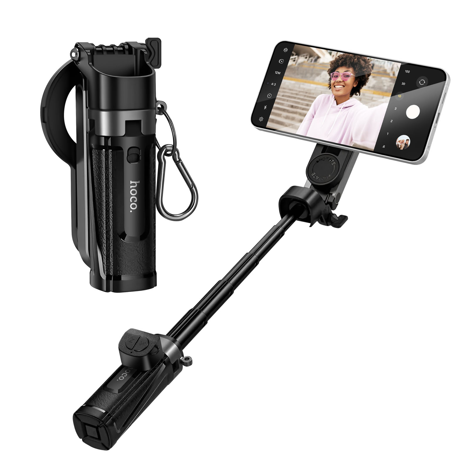 Ein schwarzer Hoco Selfie-Stick mit einem Telefon, das eine Frau zeigt.