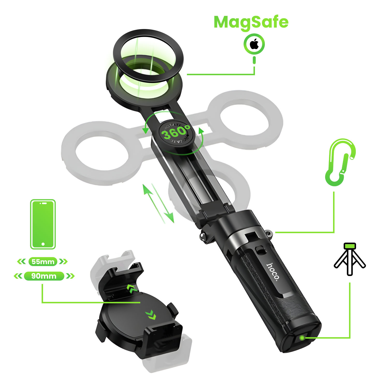 Ein schwarzer Selfie-Stick mit MagSafe-Halterung und 360-Grad-Drehung.