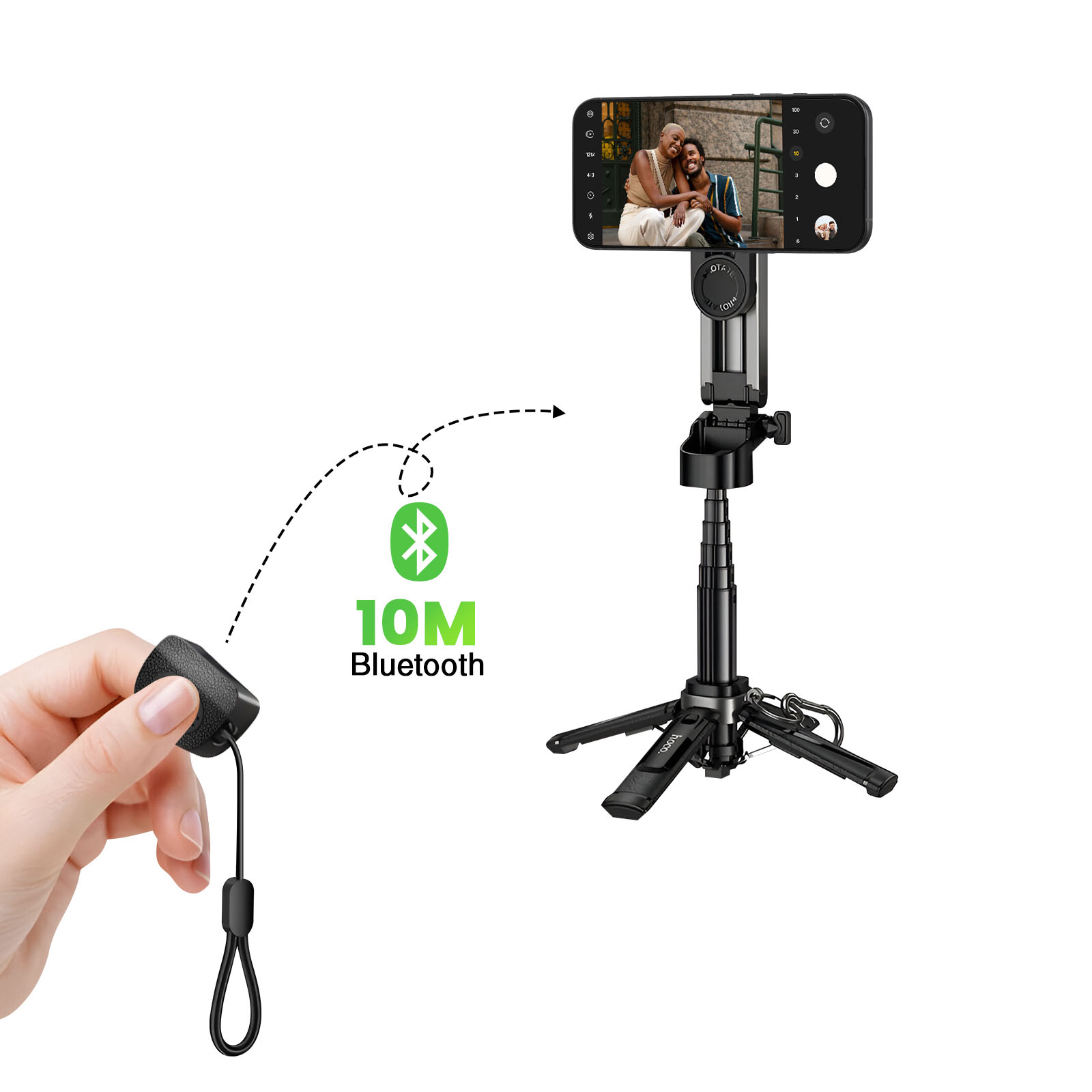 Ein Selfie-Stick mit Stativ, einem Smartphone und einer Bluetooth-Fernbedienung.