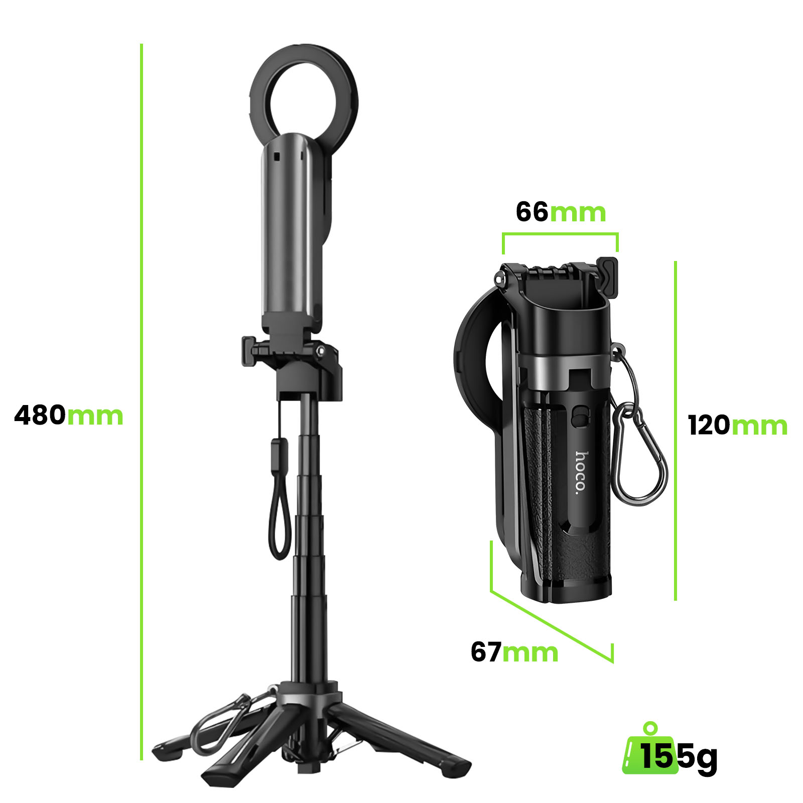 Ein schwarzer ausziehbarer Selfie-Stick mit Stativ und einem Handgriff.
