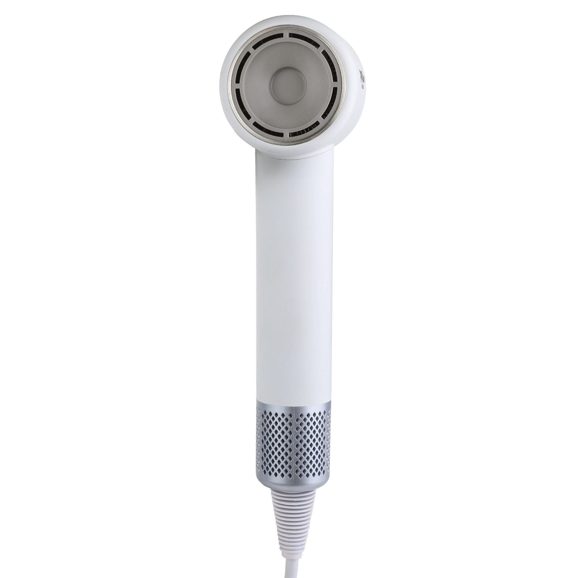 Białe urządzenie ręczne z okrągłą głowicą i srebrną kratką.