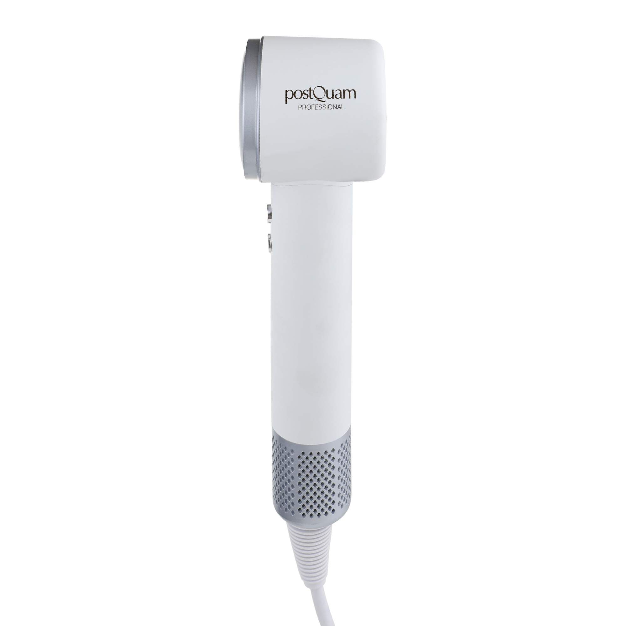 Biała suszarka do włosów z srebrnymi akcentami i logo PostQuam.
