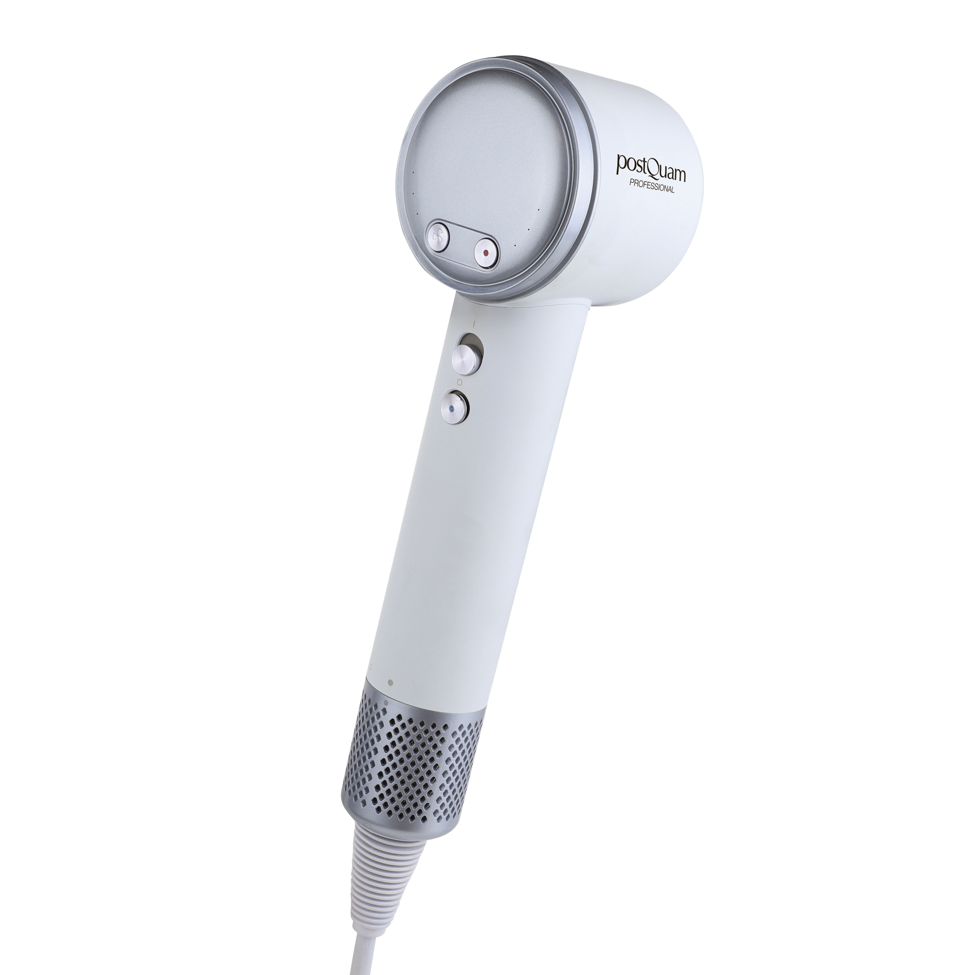 Biała suszarka do włosów ze srebrnymi akcentami i przyciskami.