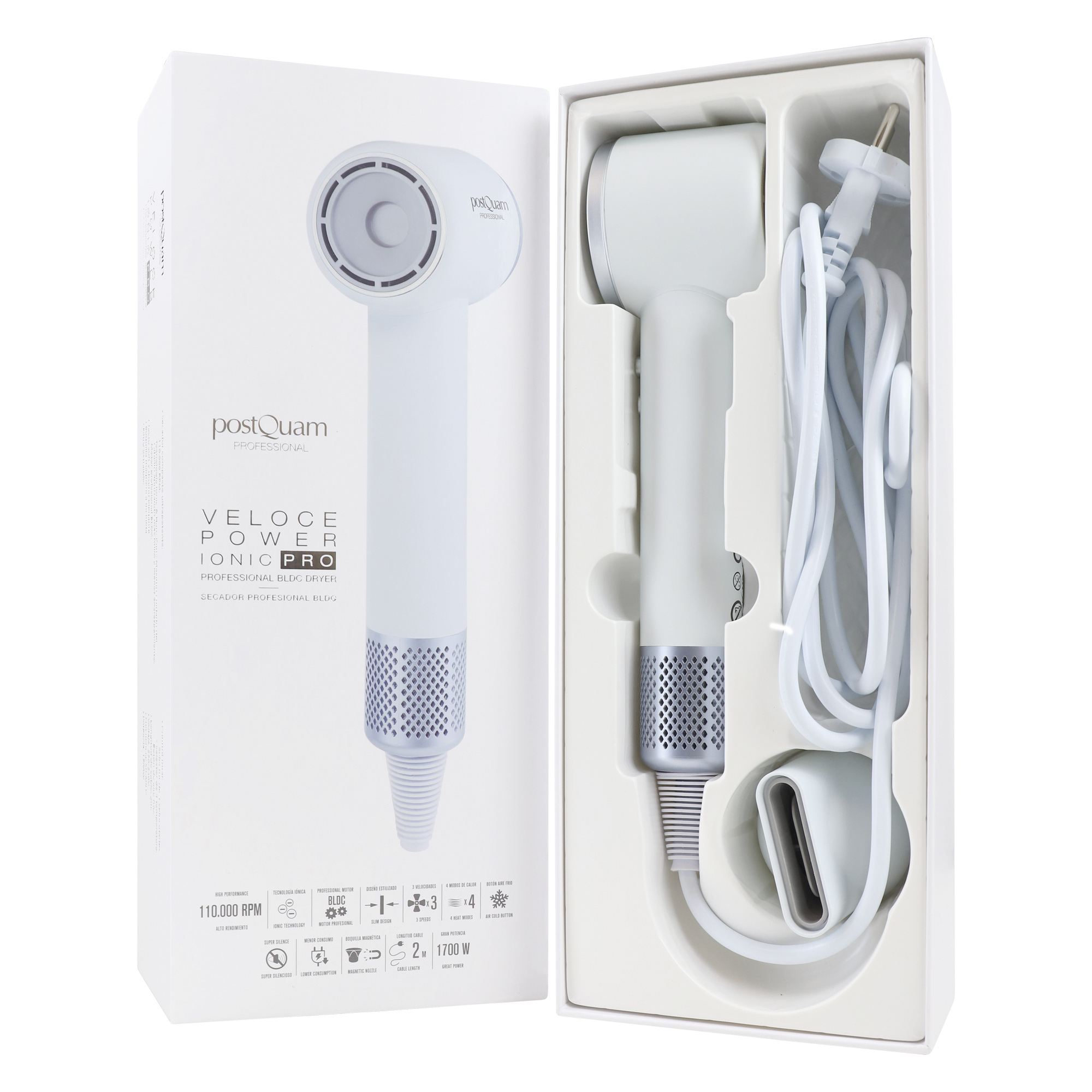Biała suszarka do włosów PostQuam, zapakowana z akcesoriami.