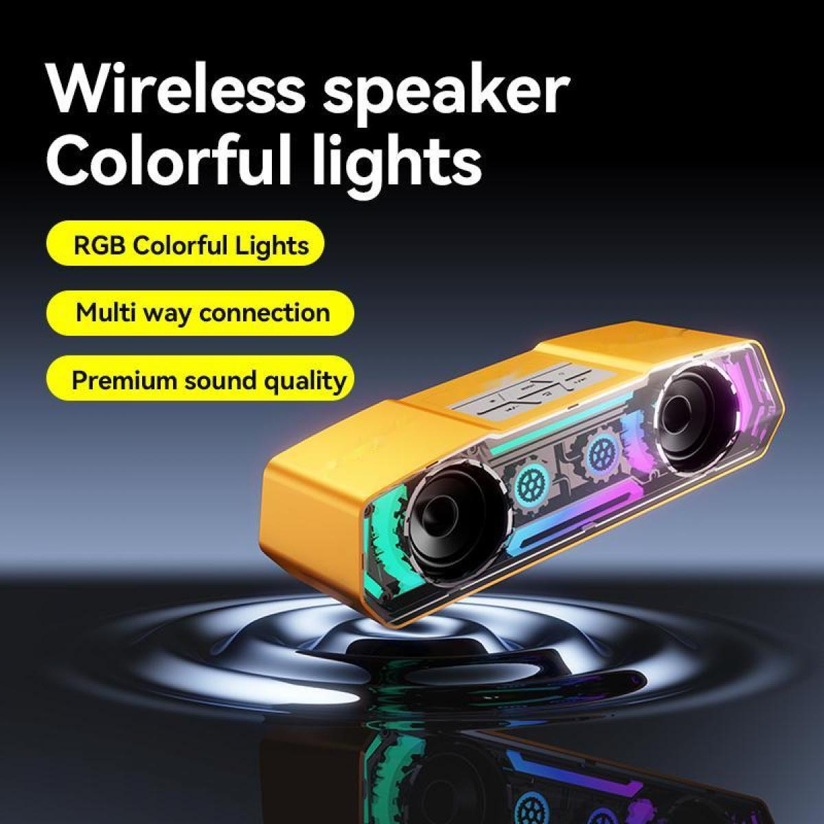 Ein gelber, rechteckiger Bluetooth-Lautsprecher mit farbigen Lichtern und zwei Lautsprechern.
