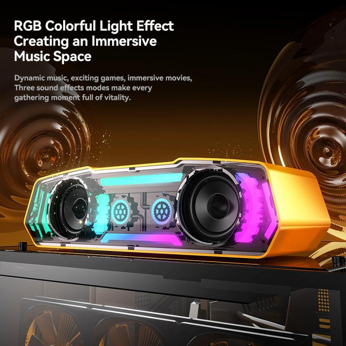 Ein orangefarbener Lautsprecher mit RGB-Beleuchtung und zwei Treibern.