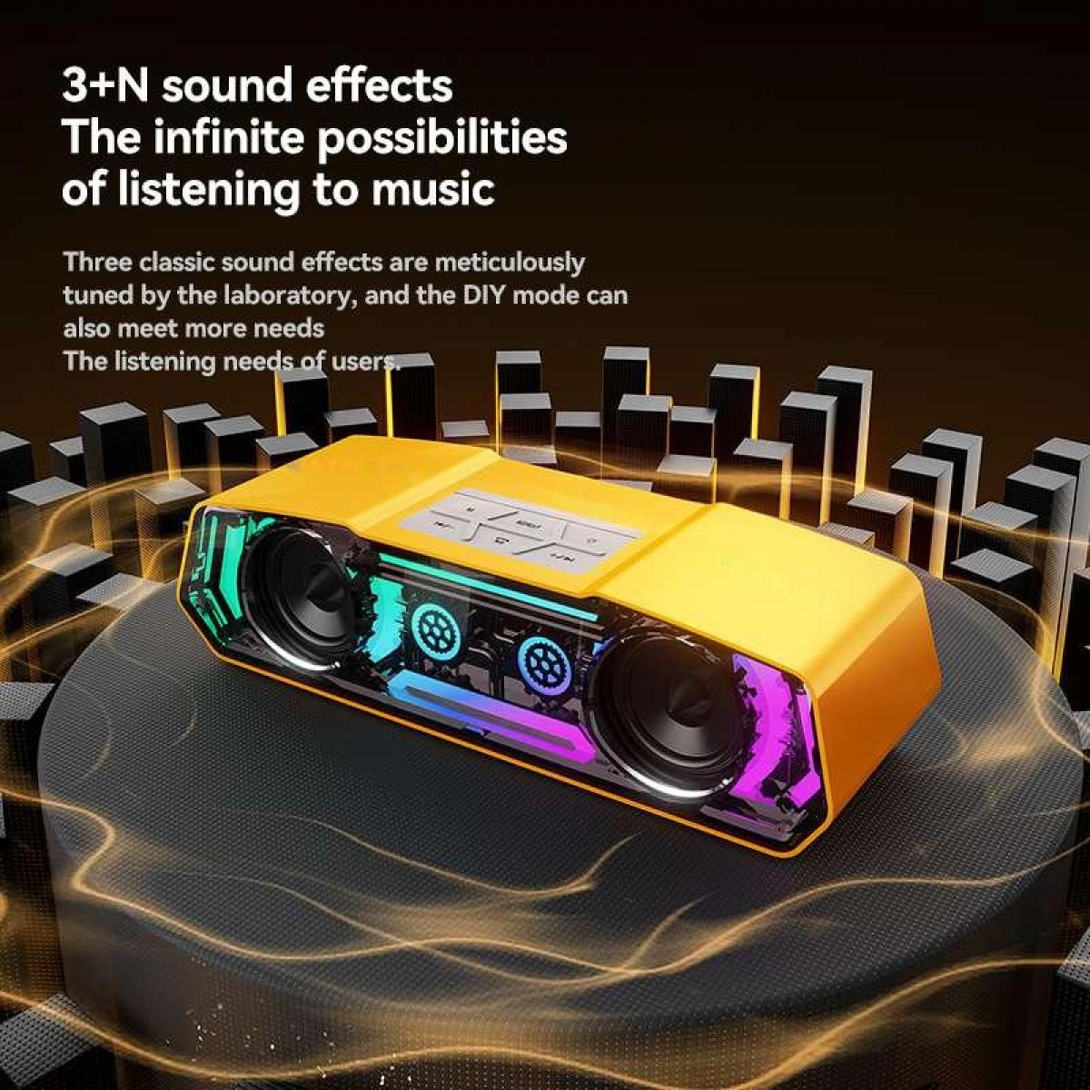 Ein gelber Bluetooth-Lautsprecher mit bunten Lichtern auf einem Podest.