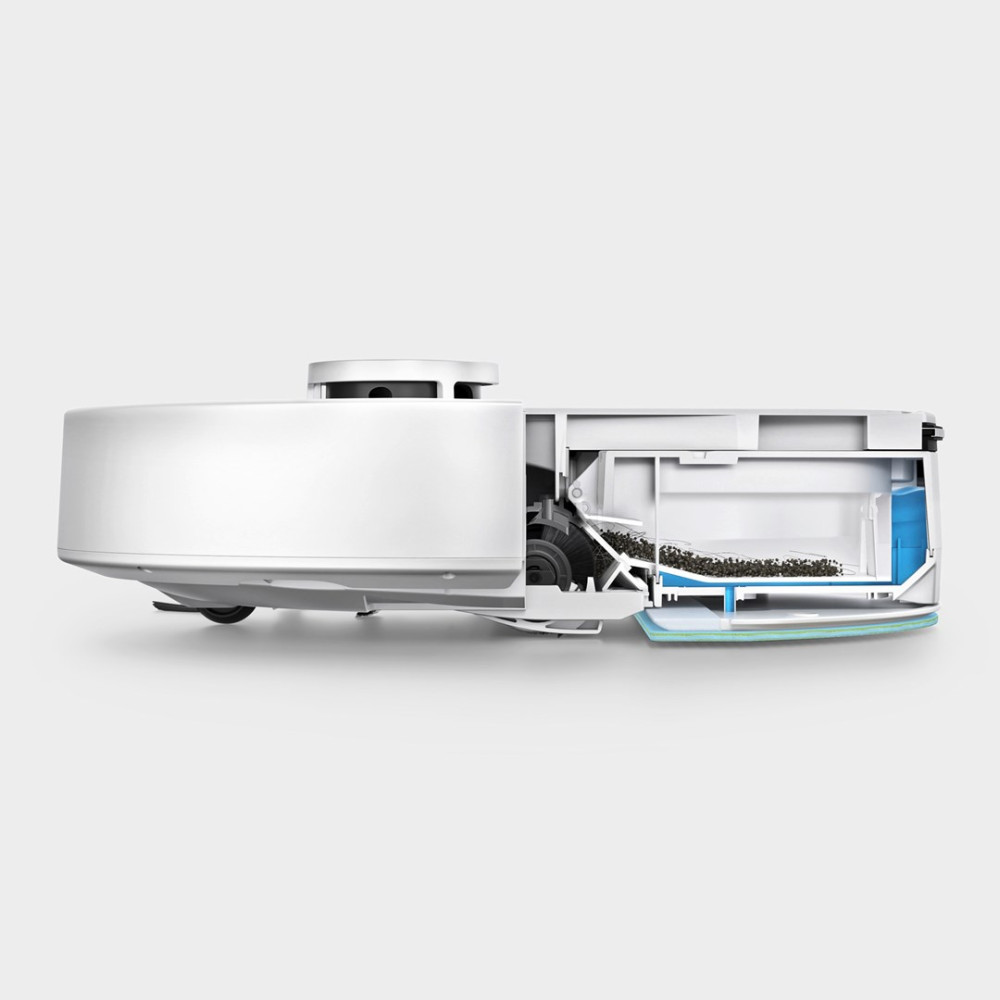 Widok przekroju białego robota odkurzającego z pojemnikiem na kurz i zbiornikiem na wodę.