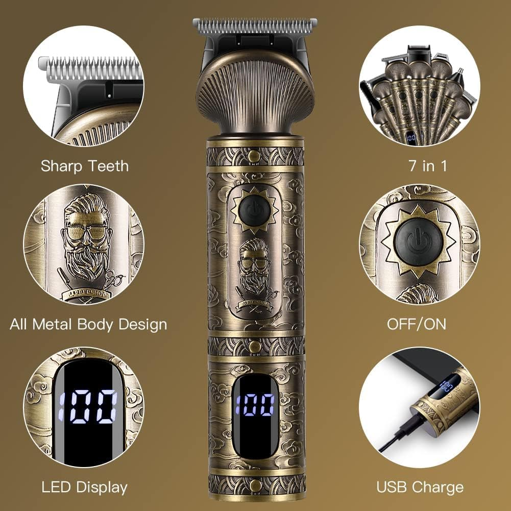 Brązowa elektryczna maszynka do strzyżenia włosów z wyświetlaczem LED, funkcją 7 w 1 i portem ładowania USB.