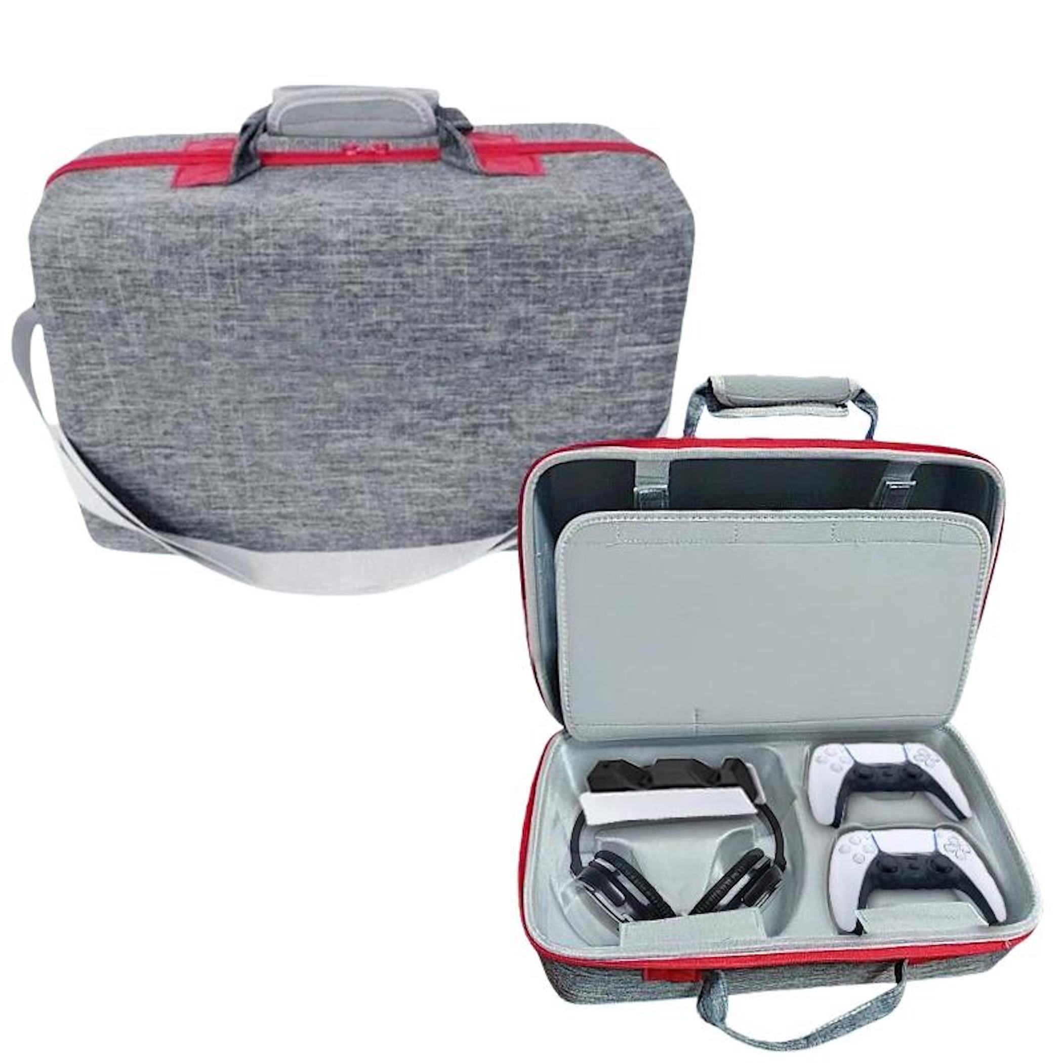 Bolsa gris con cremallera roja, abierta, muestra auriculares y mandos dentro.