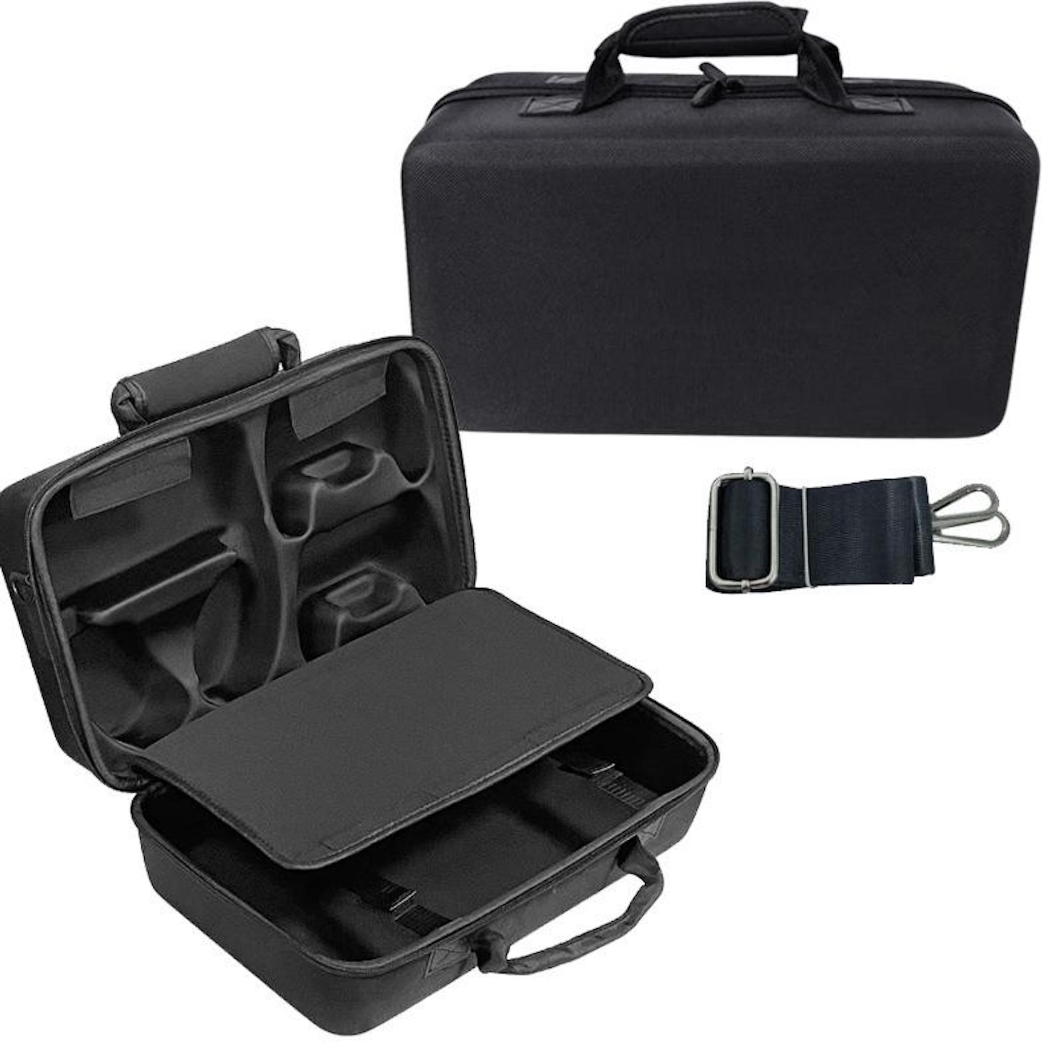 Bolso negro, abierto con compartimentos, y un bolso cerrado al lado.