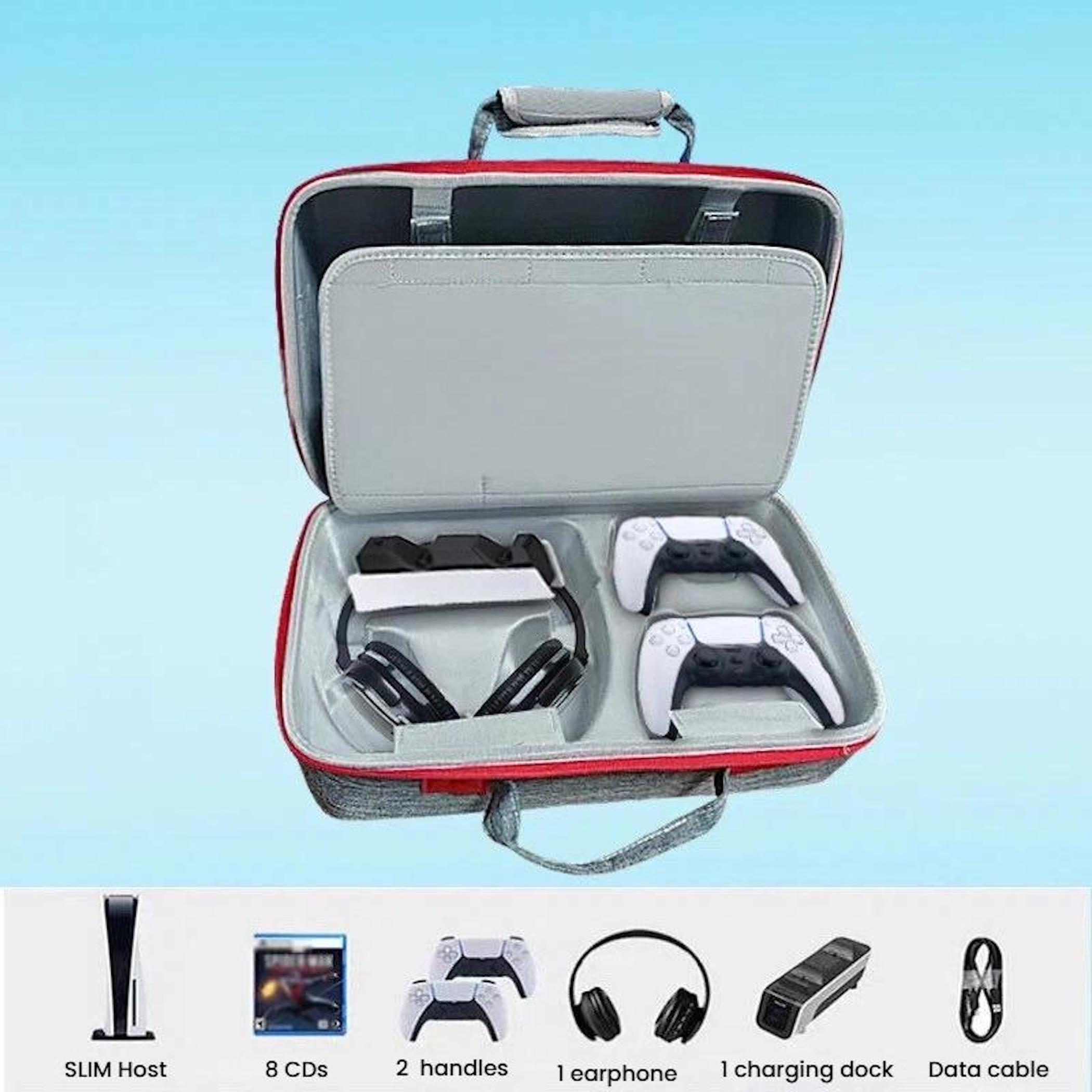 Un estuche con accesorios de consola de videojuegos: mandos, auriculares, base de carga, cable.
