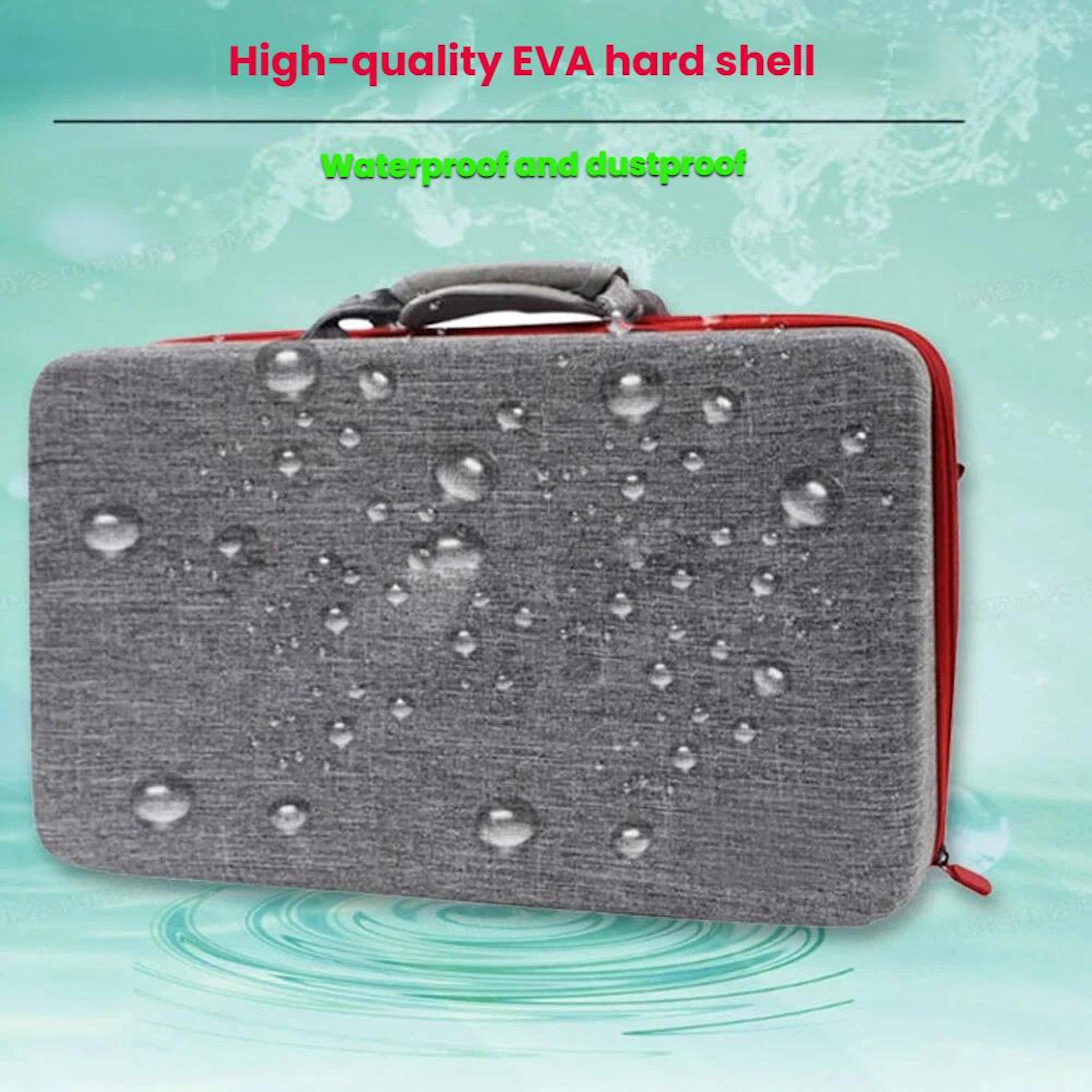 Funda gris con gotas de agua, cremallera roja y asa. Impermeable.