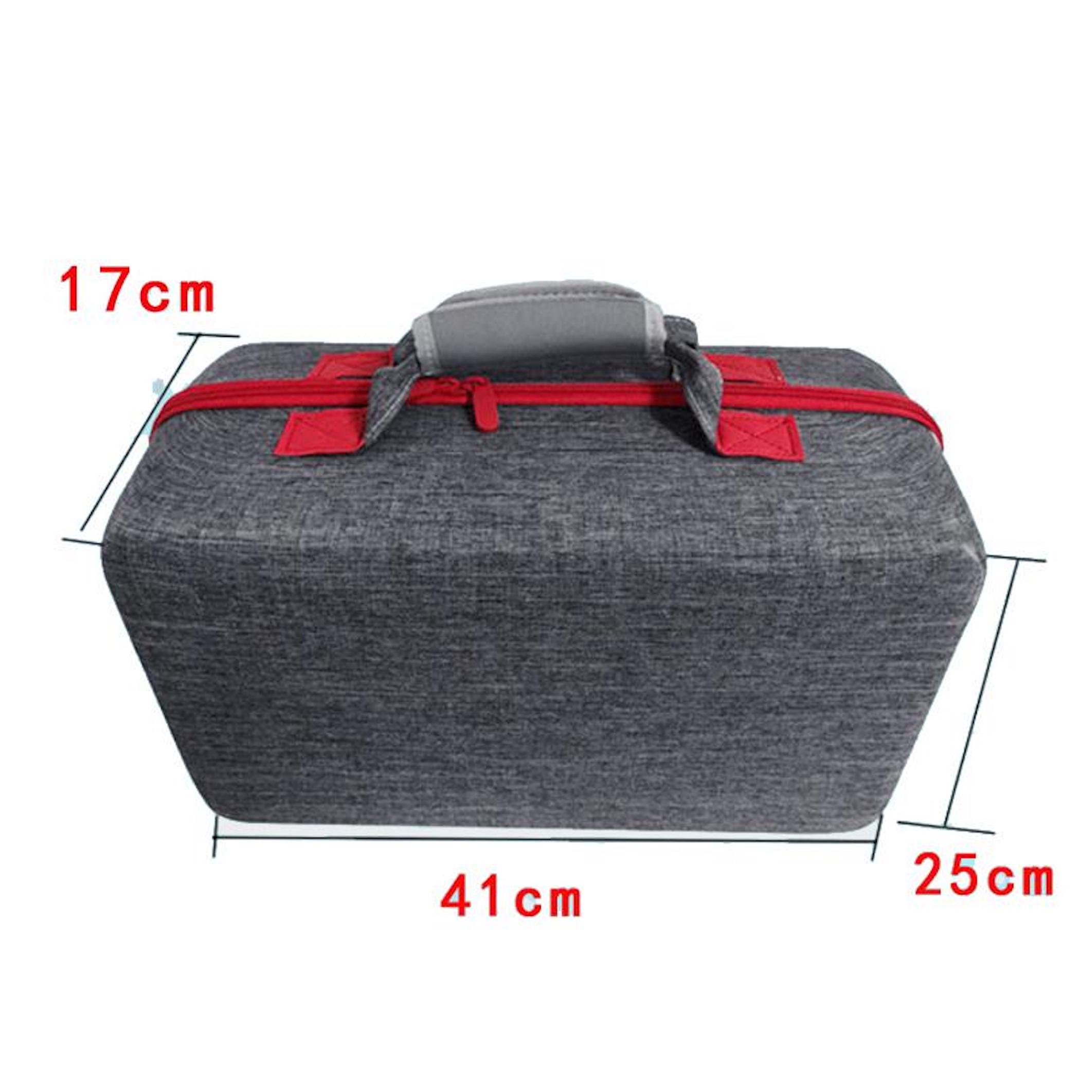 Bolsa gris con detalles rojos, dimensiones 41x25x17cm.