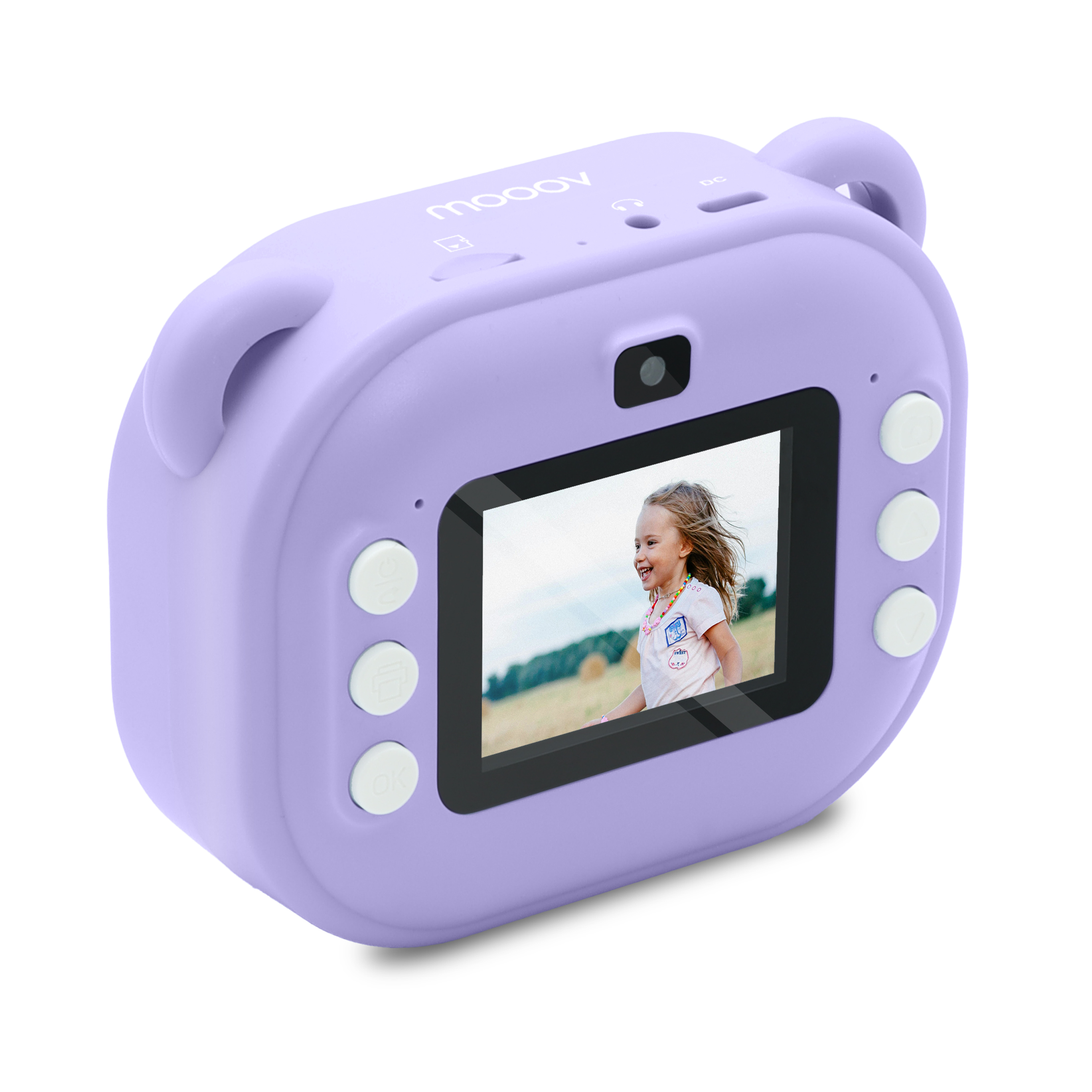 Lila Kinderkamera mit Bildschirm, der ein lächelndes Mädchen zeigt.
