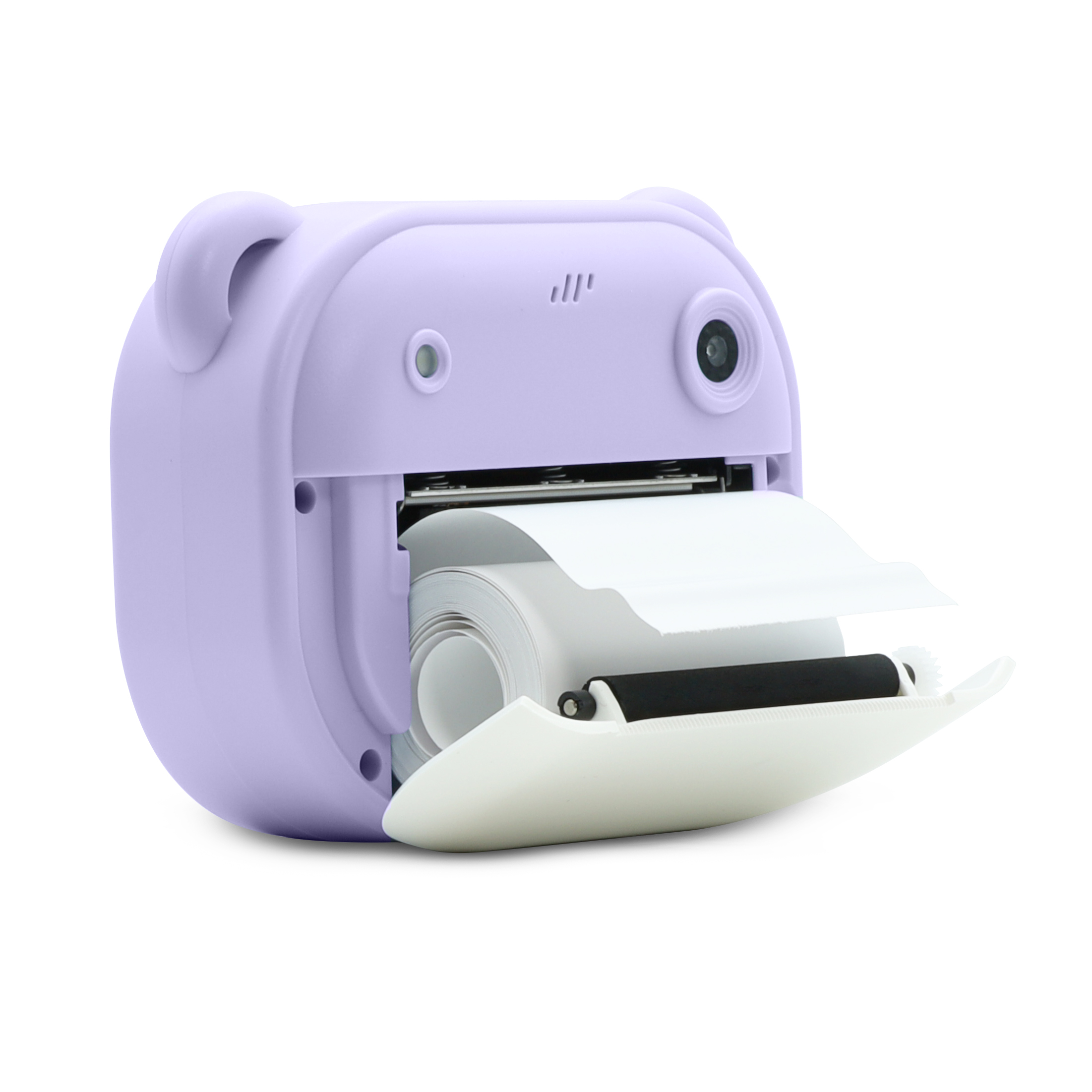 Ein lavendelfarbener Drucker mit Papierrolle und einem weißen Deckel.