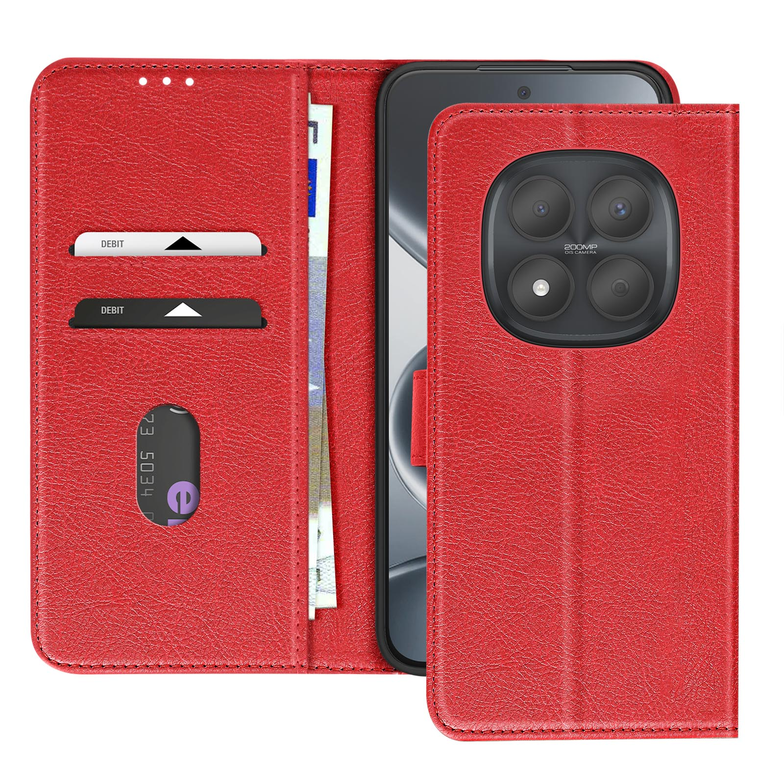 Custodia a portafoglio rossa in pelle con telefono e porta carte.