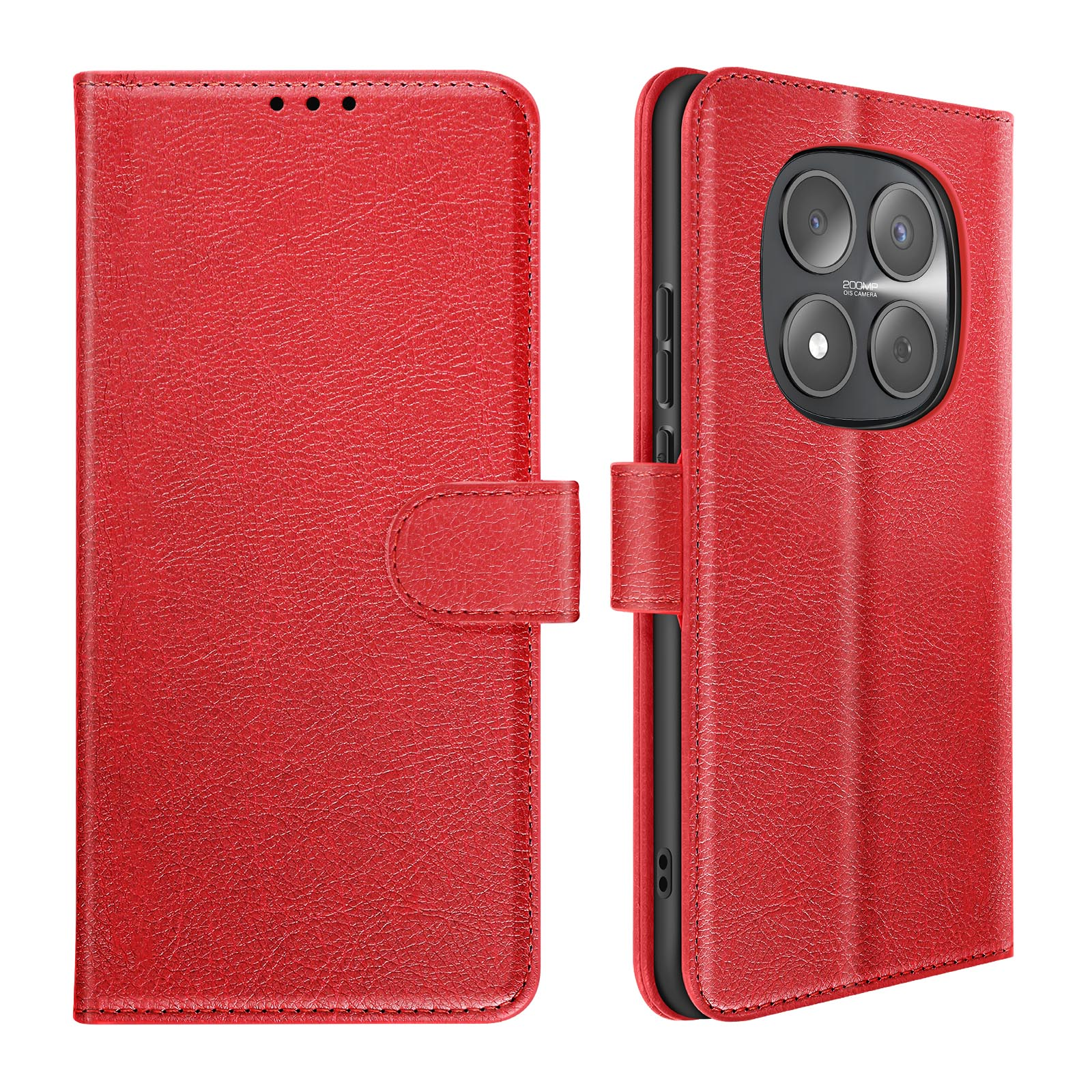 Custodia in pelle rossa con apertura fotocamera e chiusura magnetica.