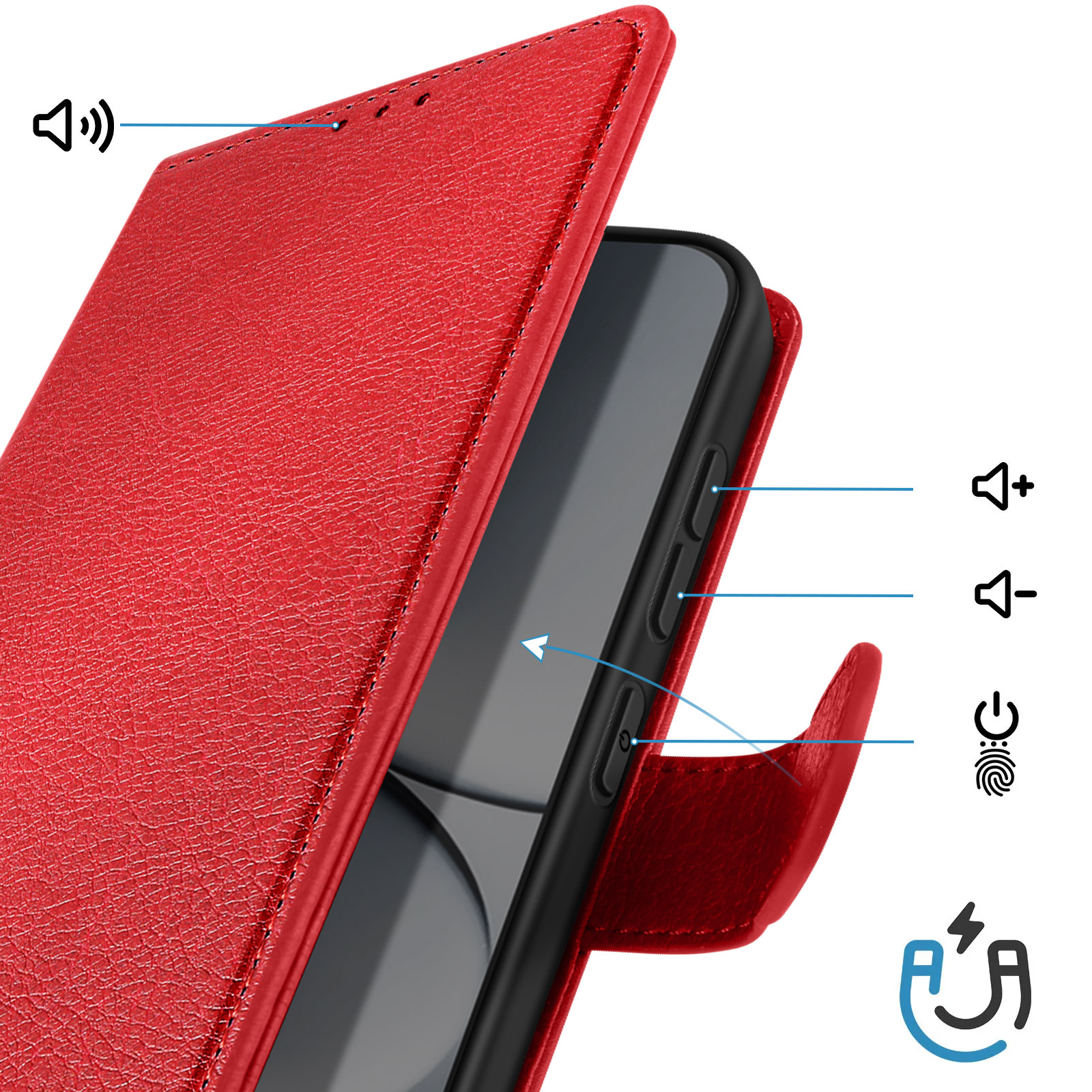 Custodia rossa per telefono con icone volume, tasti accensione e sensore impronte.