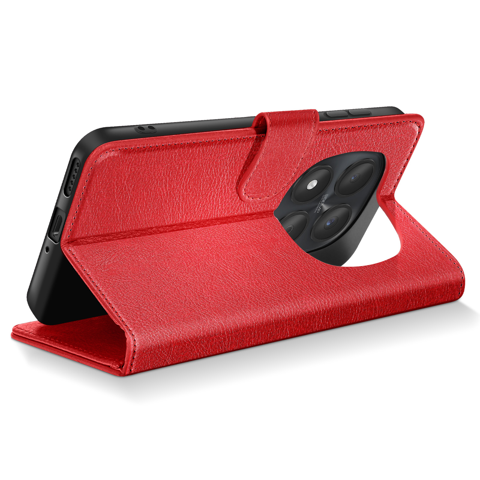 Custodia a libro in pelle rossa per smartphone, vista fotocamera.