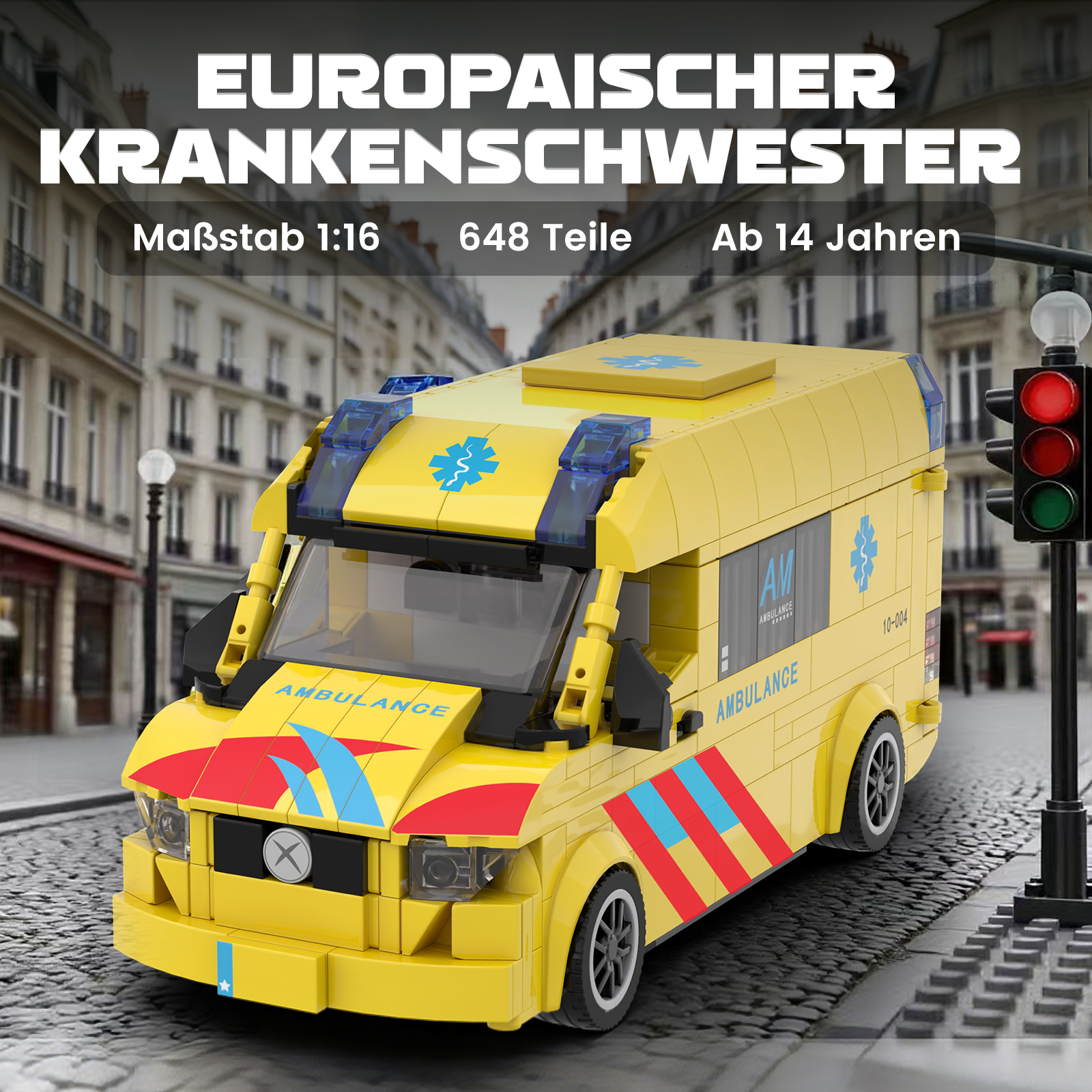 Gelber Krankenwagen aus Bausteinen mit Blaulicht auf einer Kopfsteinpflasterstraße.