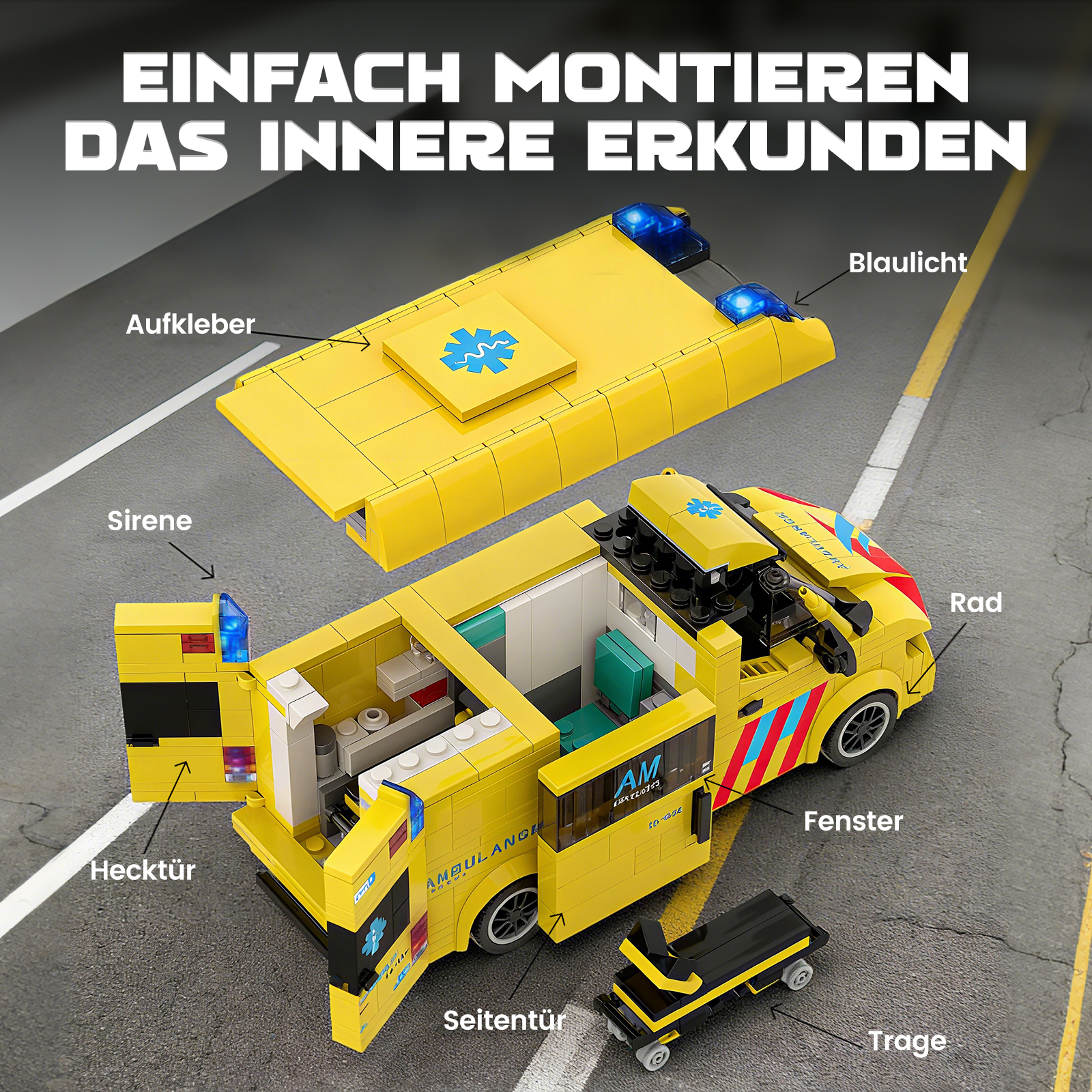 Gelber Spielzeug- Krankenwagen mit geöffneten Türen und innenliegendem Zubehör.