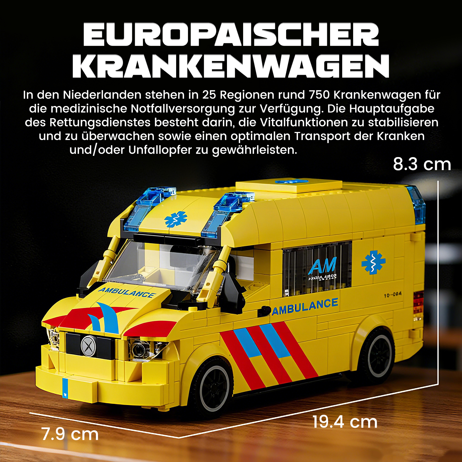 Gelber Lego Krankenwagen mit blauen und roten Akzenten. Maße: 19.4x7.9x8.3cm.