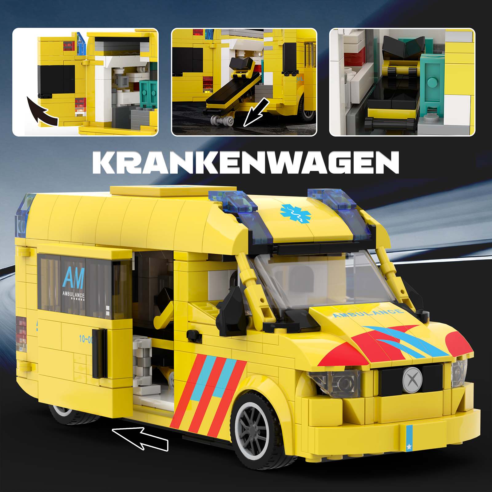 Ein gelber Krankenwagen aus Legosteinen mit geöffneten Türen und medizinischer Ausrüstung.