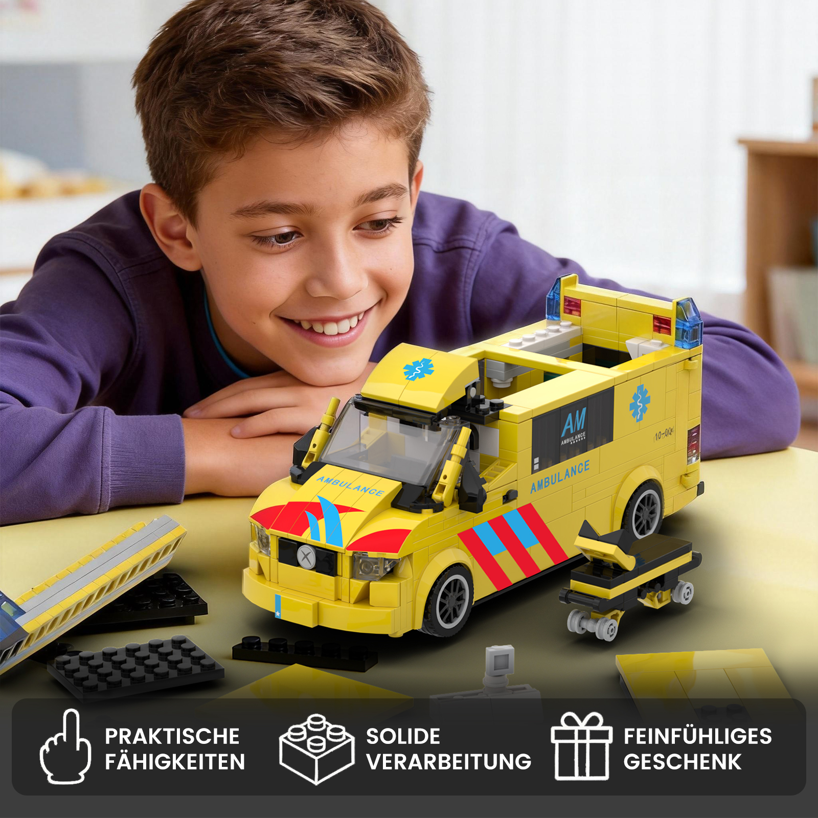 Junge mit einem gelben Lego-Rettungswagen spielt auf einem Tisch.