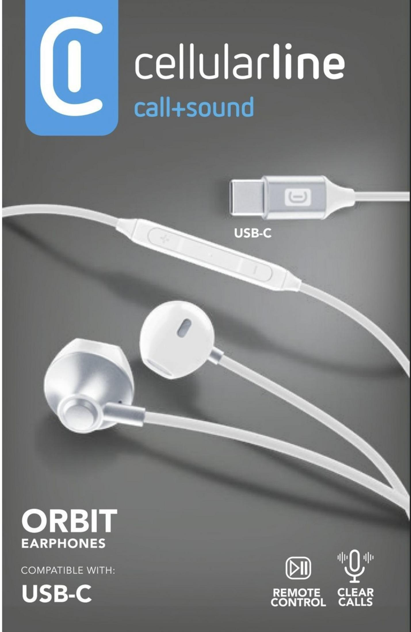 White Cellularline Orbit USB-C earphones with remote control and mic.
