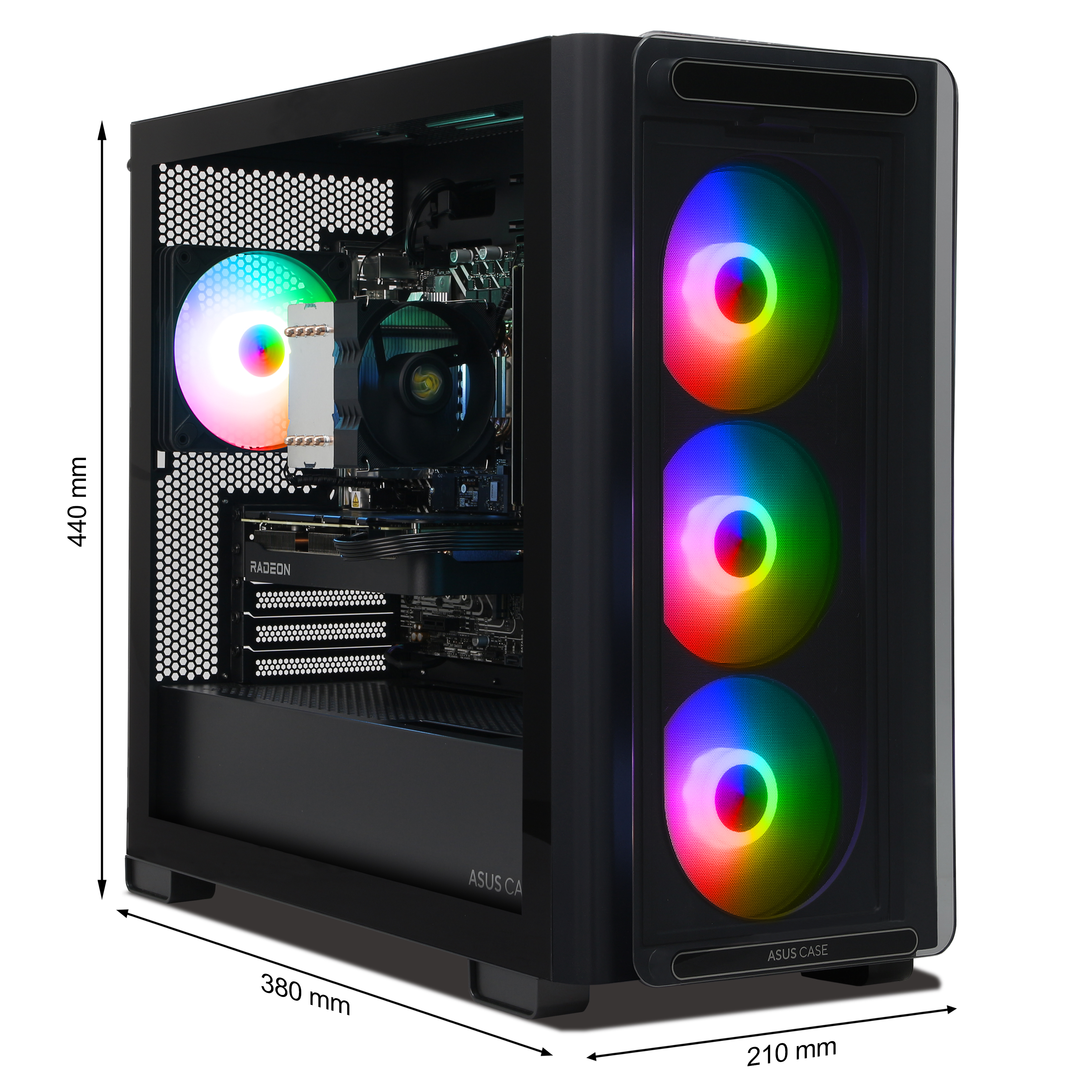 Caja de PC negra con ventiladores RGB y componentes internos visibles.