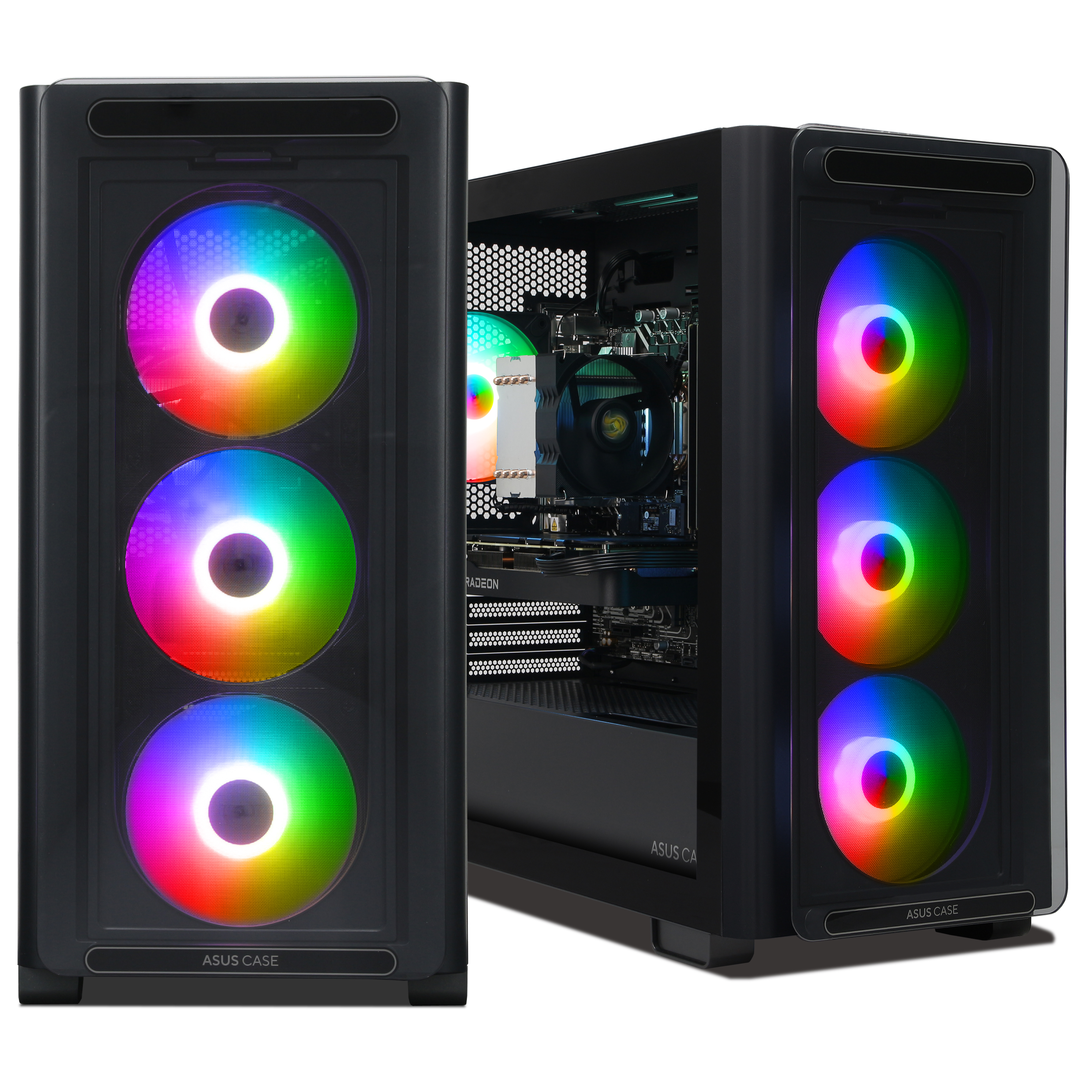 Dos cajas de PC negras una al lado de la otra, una abierta mostrando componentes.