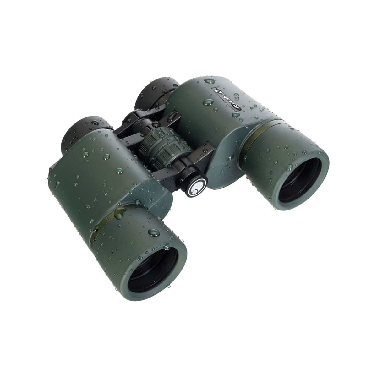 Binocolo verde con gocce d'acqua su sfondo bianco.