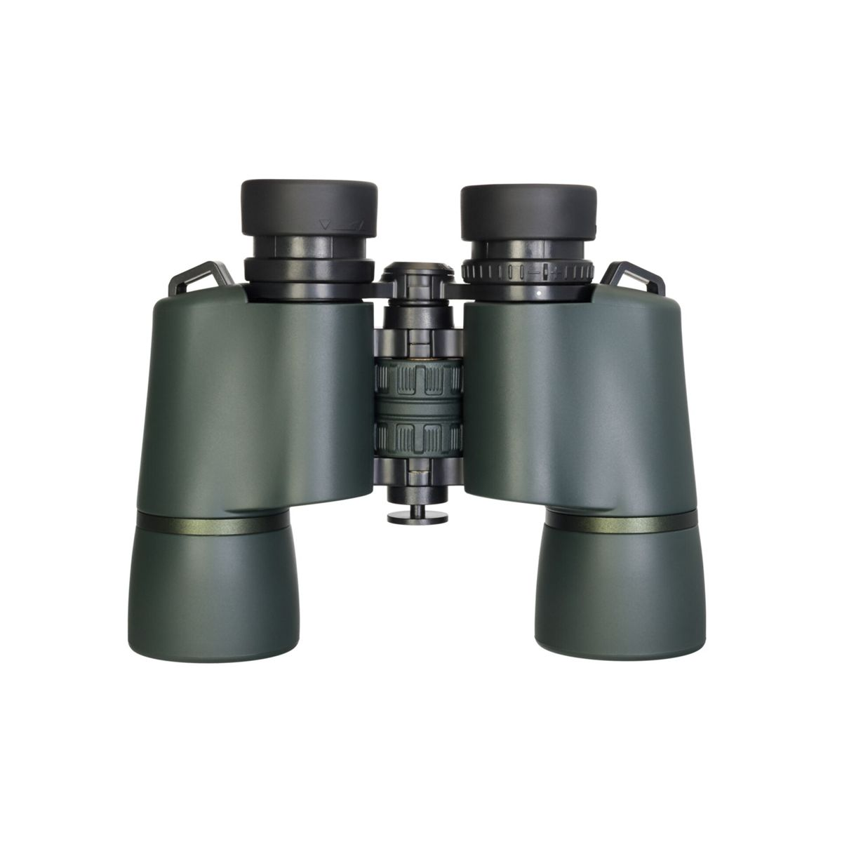 Binocolo verde scuro con rotella di messa a fuoco e coprioculari neri.