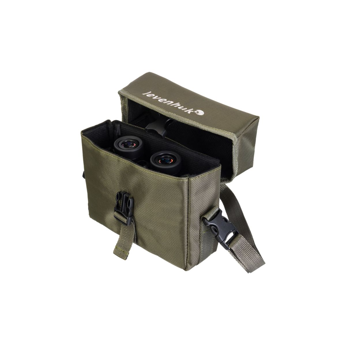 Custodia verde per binocolo con binocolo all'interno. Logo Levenhuk visibile.