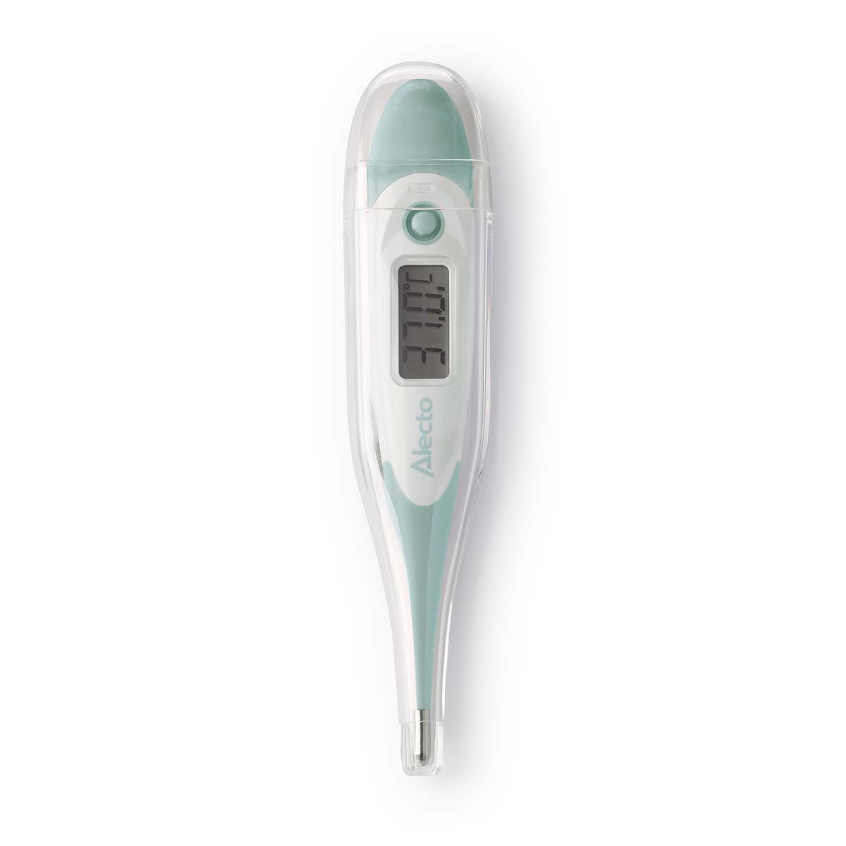 Ein digitalthermometer mit grünem Akzent und digitaler Anzeige von 37,0 Grad.