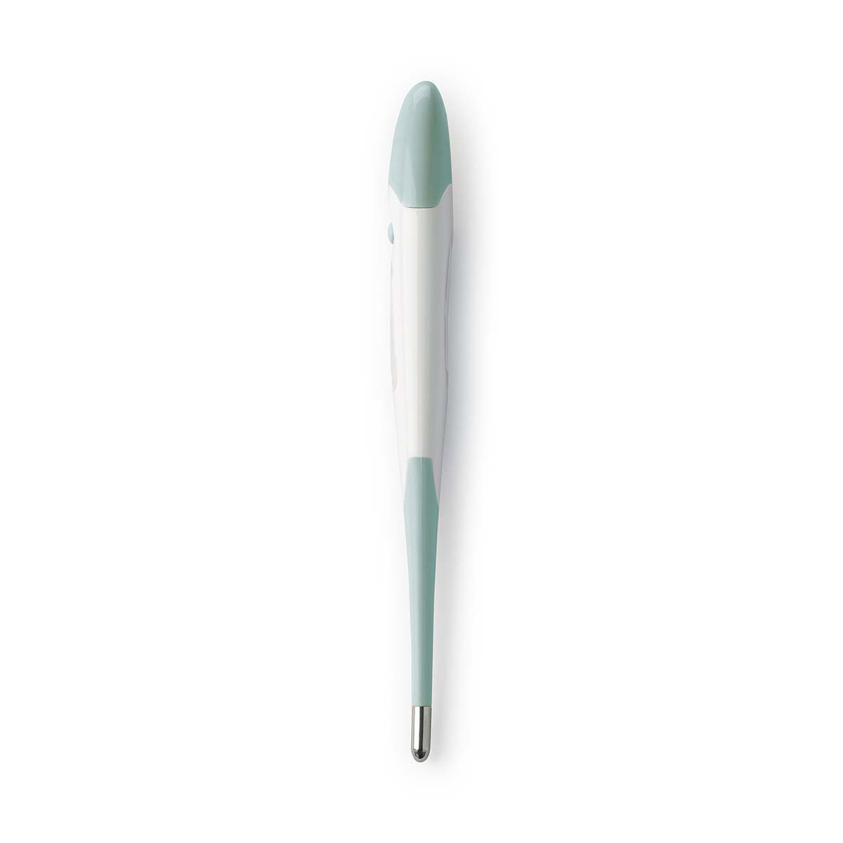 Ein digitales Thermometer mit weißem und hellgrünem Design.