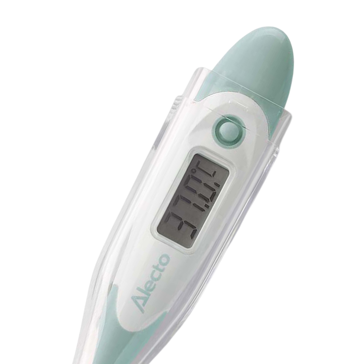 Ein digitaler Thermometer mit dem Wert 37,0°C. Weiß und mintgrün.