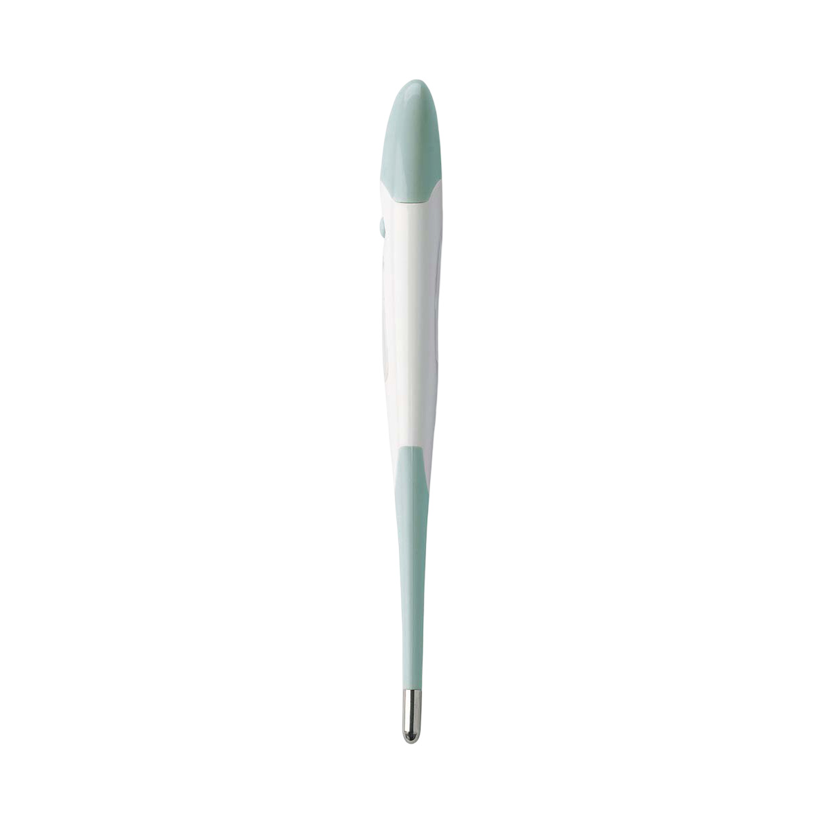 Ein digitales Thermometer mit weißem und hellgrünem Gehäuse auf weißem Hintergrund.