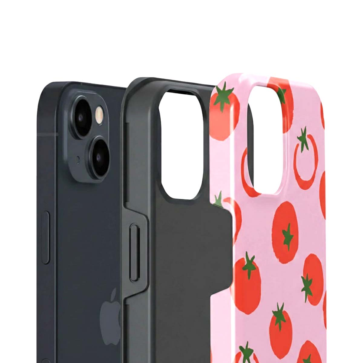Un telefono scuro accanto a una cover con motivo di pomodoro.