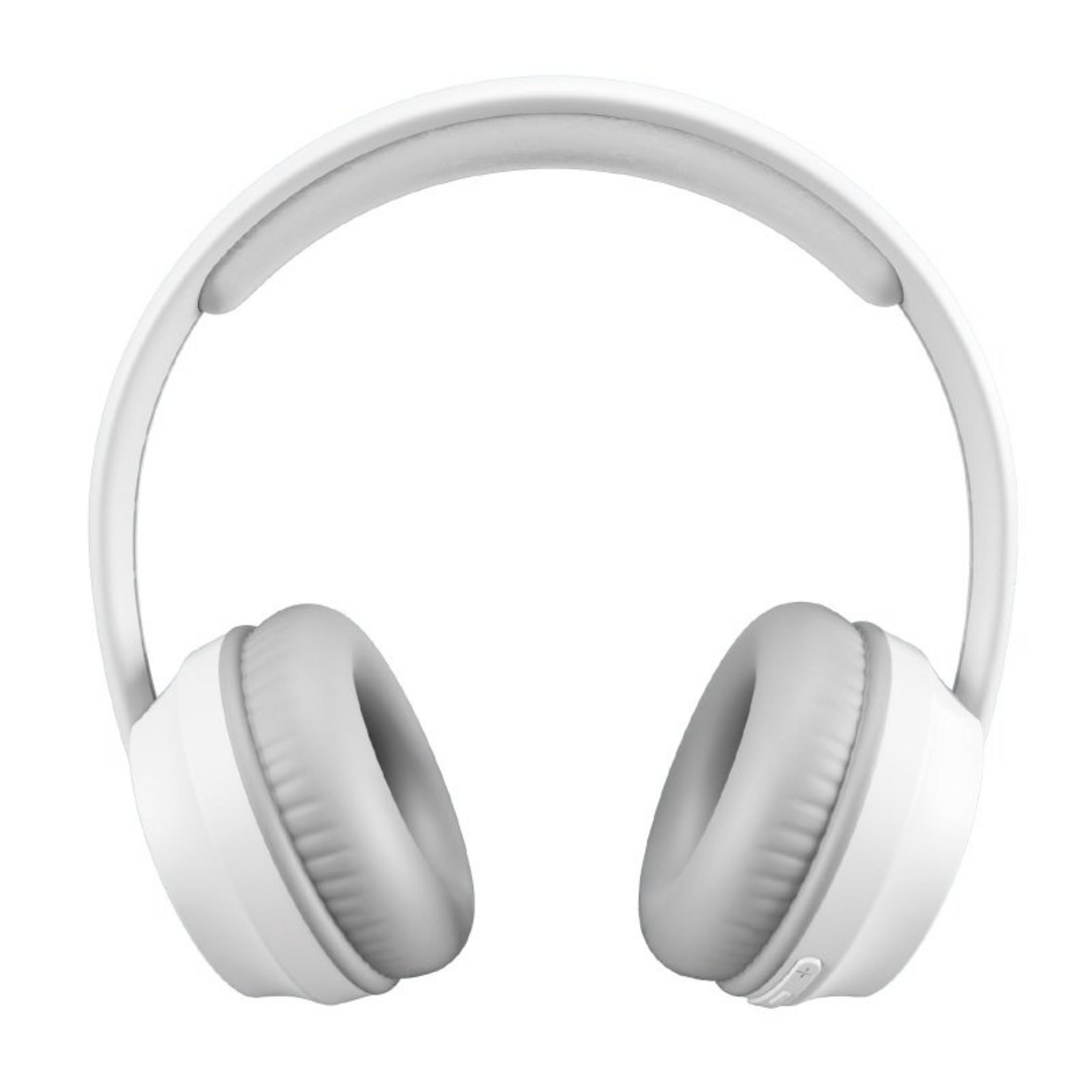 Weiße Over-Ear-Kopfhörer mit gepolsterten Ohrmuscheln und einem gepolsterten Kopfbügel.