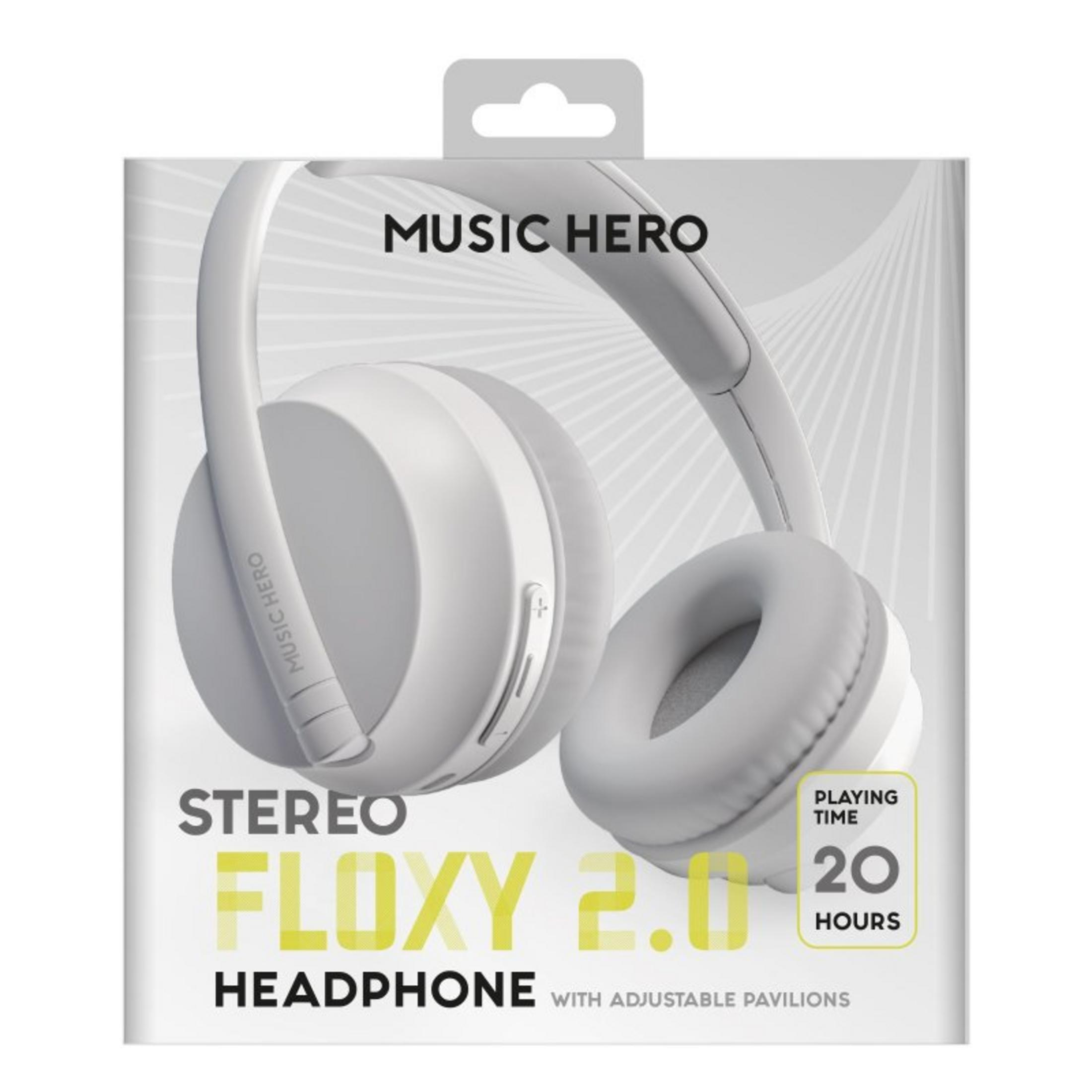 Weiße Kopfhörer mit dem Logo 'MUSIC HERO' und 'FLOXY 2.0'.